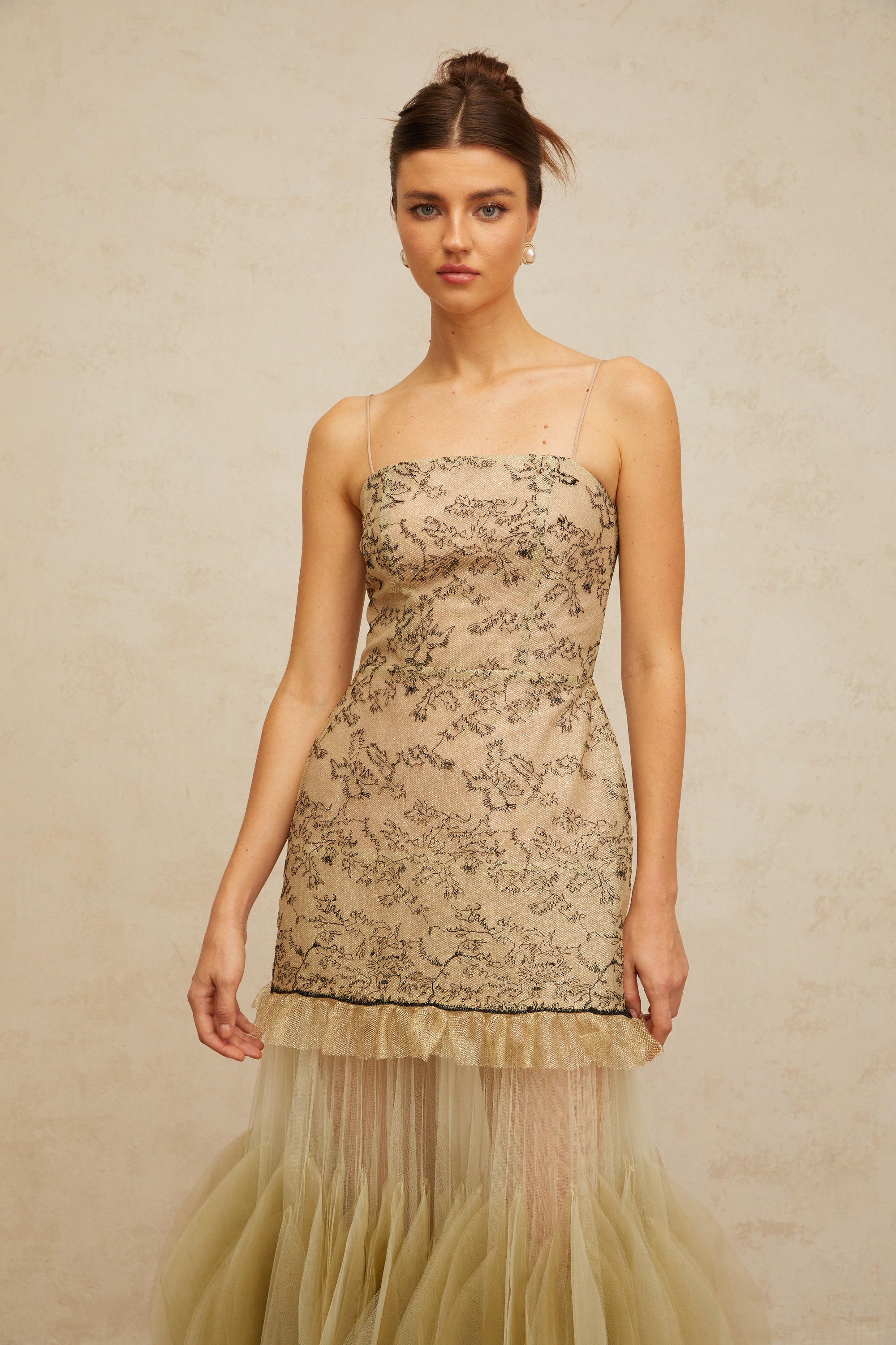 Mathilde green embroidered panelled midi dress