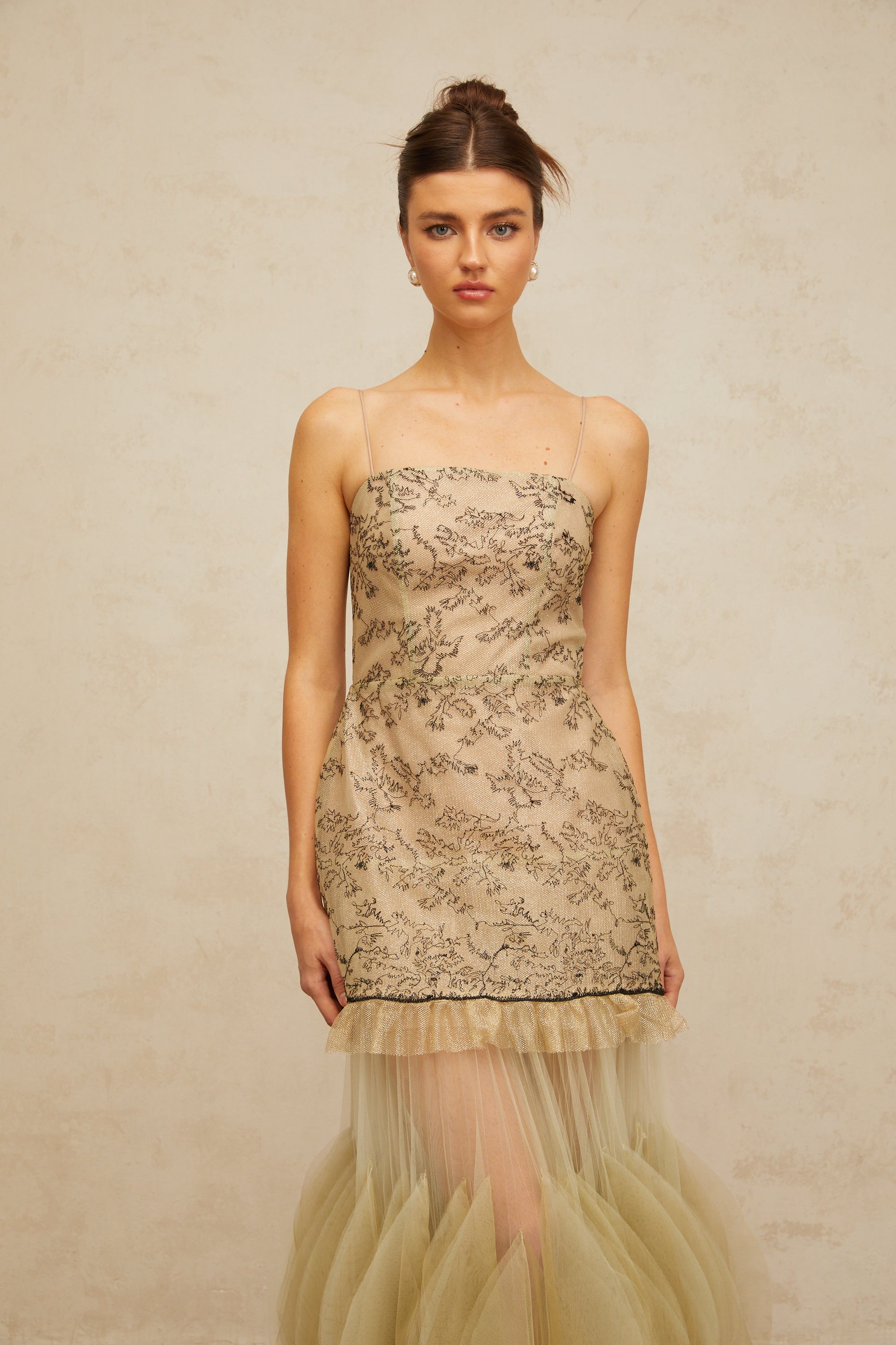 Mathilde green embroidered panelled midi dress