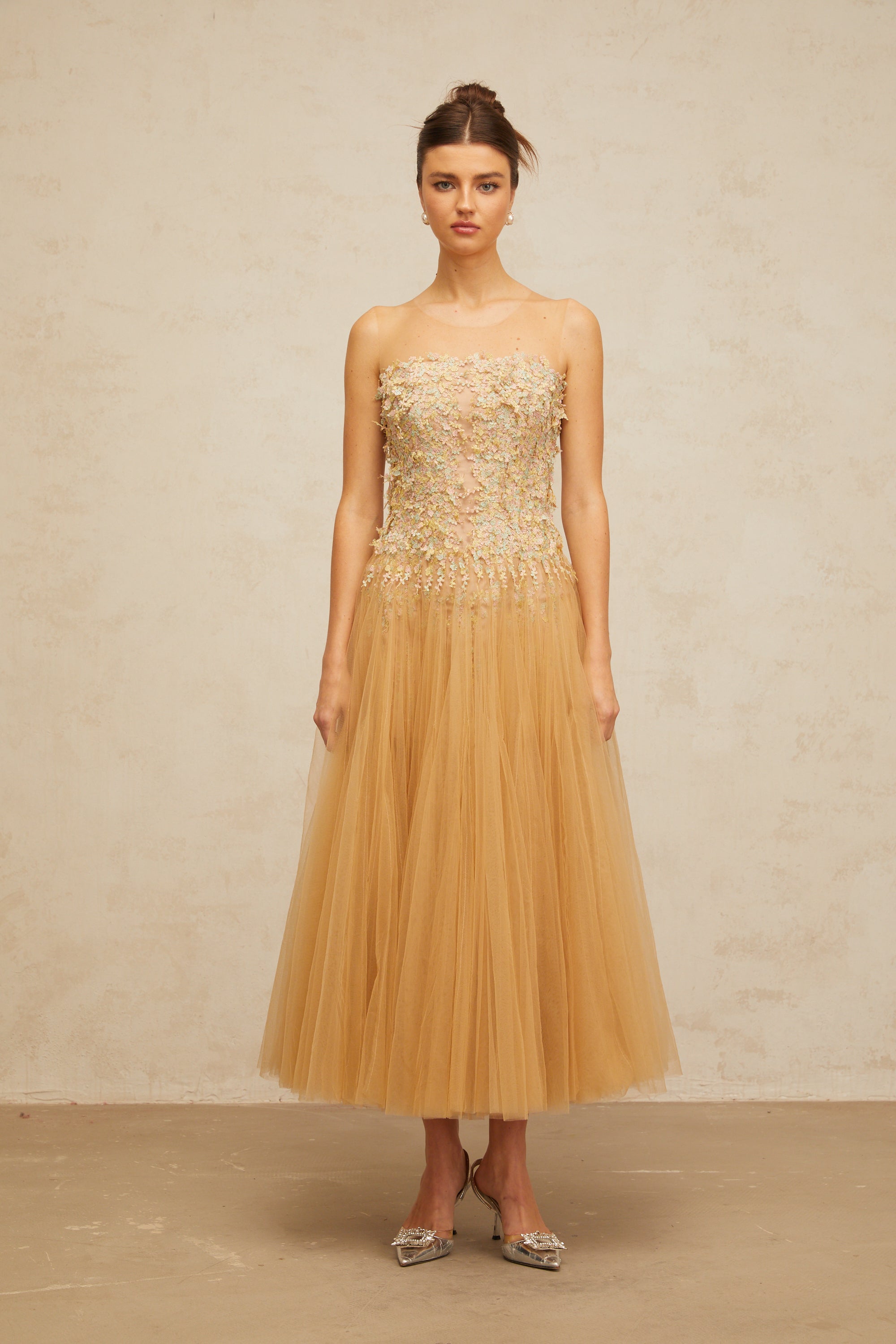 Aurore neutrals pleated sequined tulle midi dress