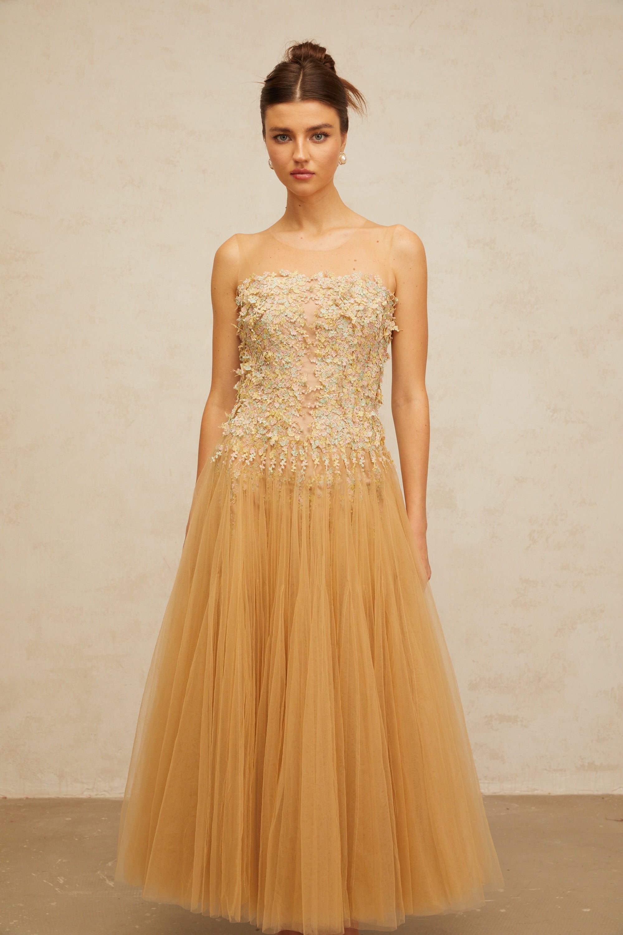 Aurore neutrals pleated sequined tulle midi dress