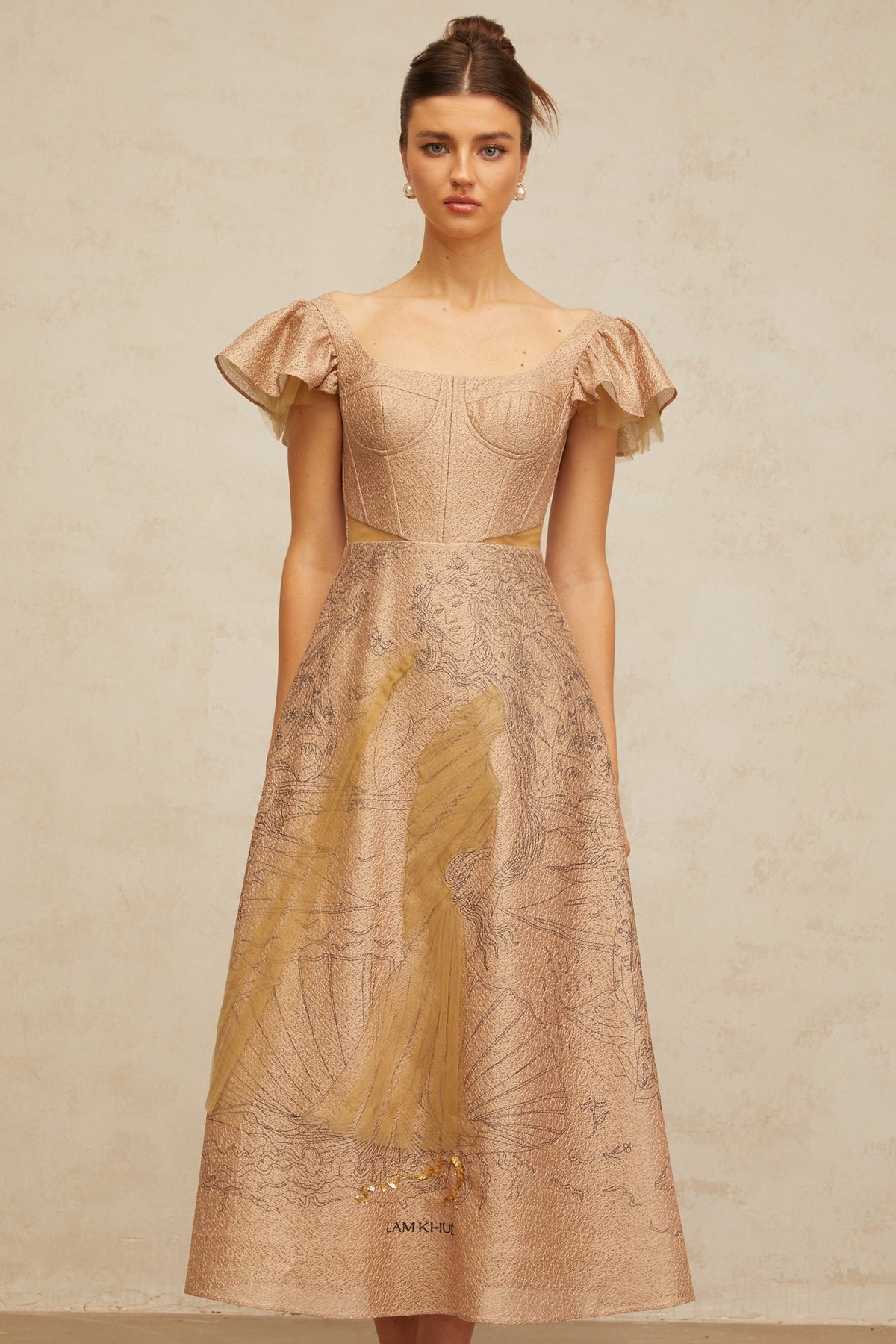 Giada khaki graphic-print flared midi dress