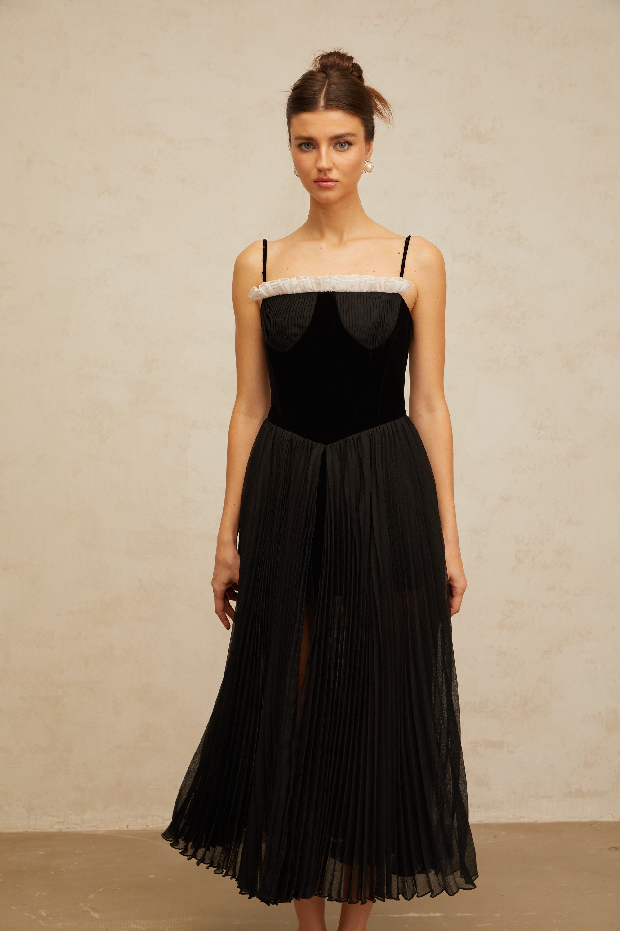 Clémence black velvet-panel pleated midi dress