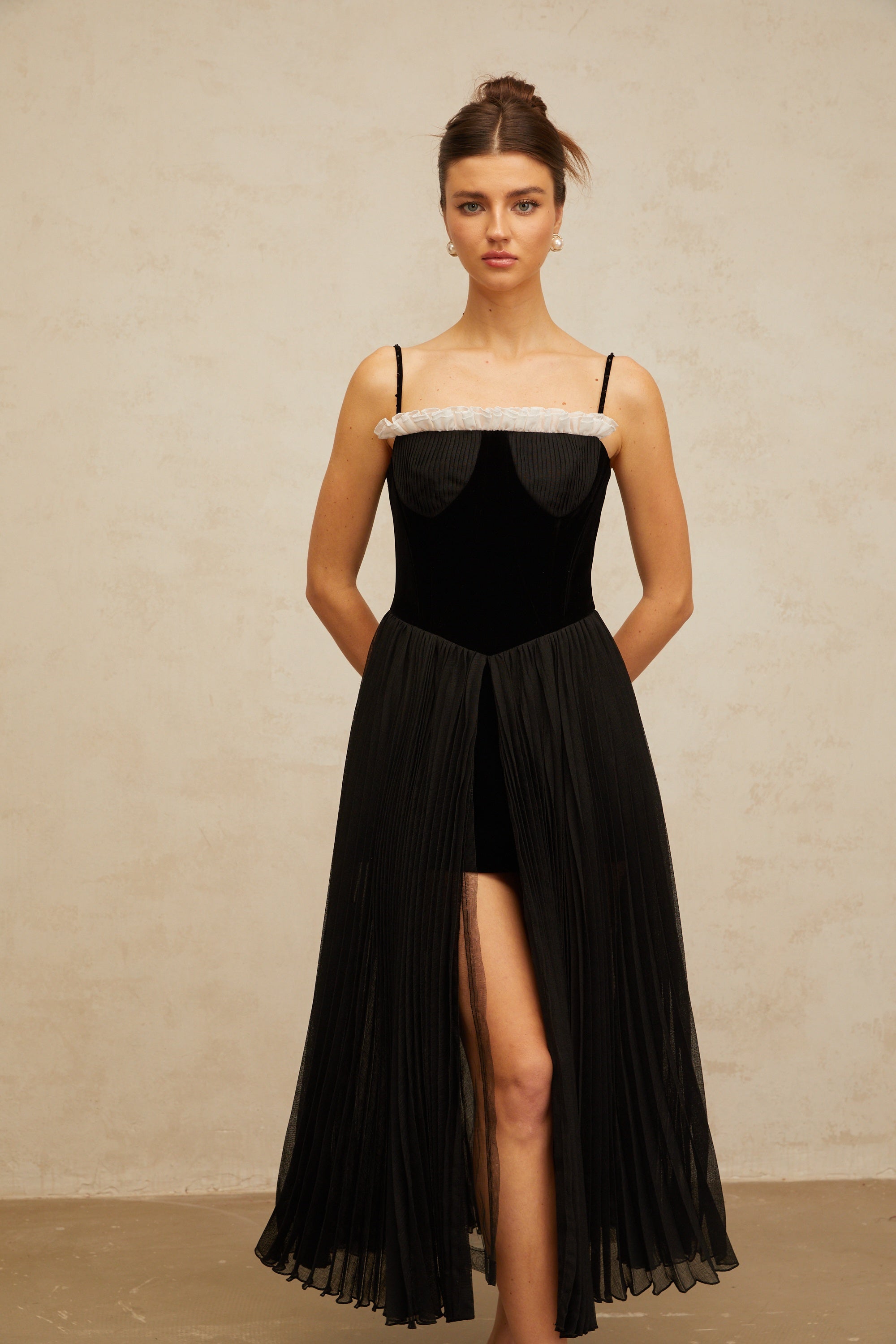 Clémence black velvet-panel pleated midi dress