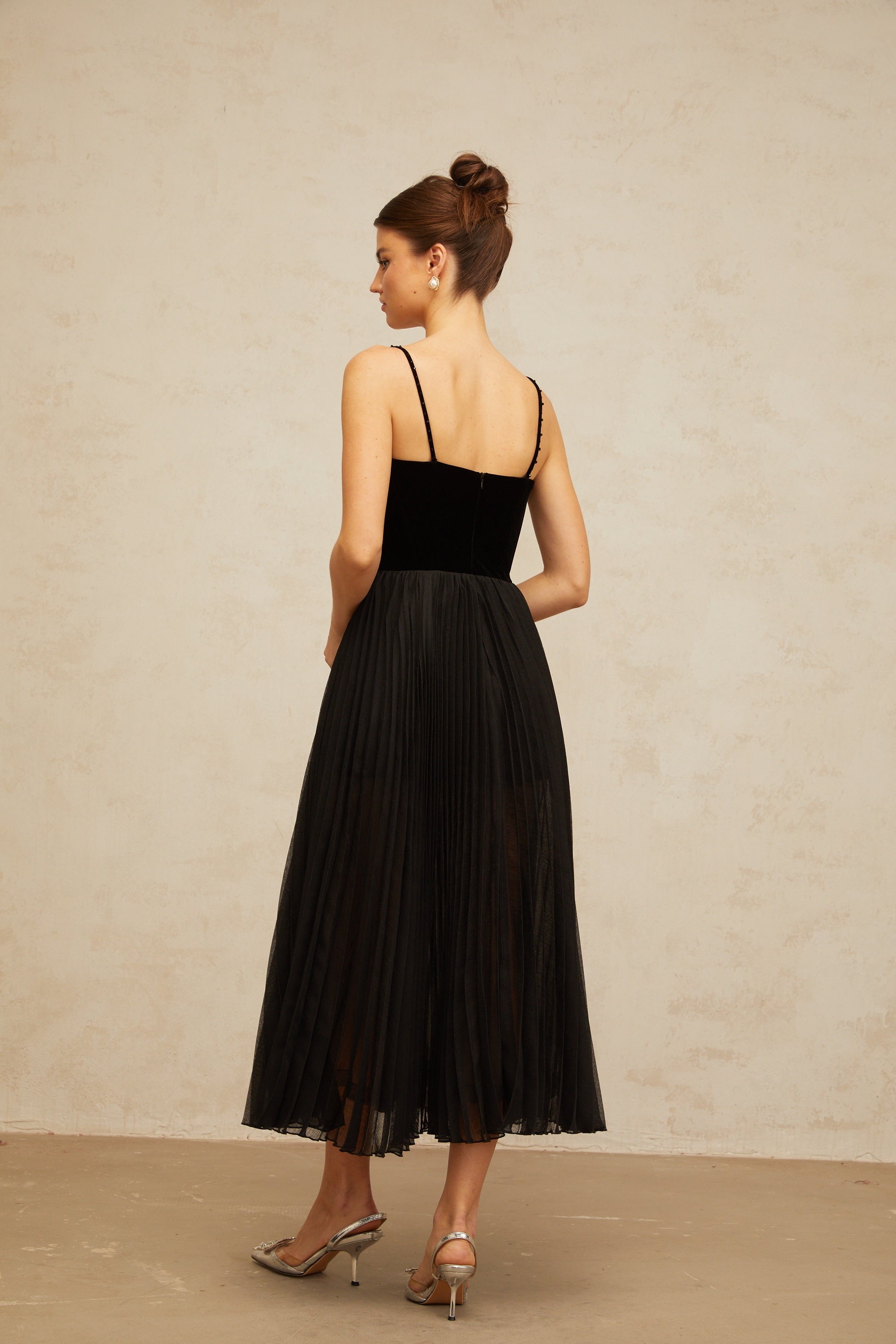 Clémence black velvet-panel pleated midi dress