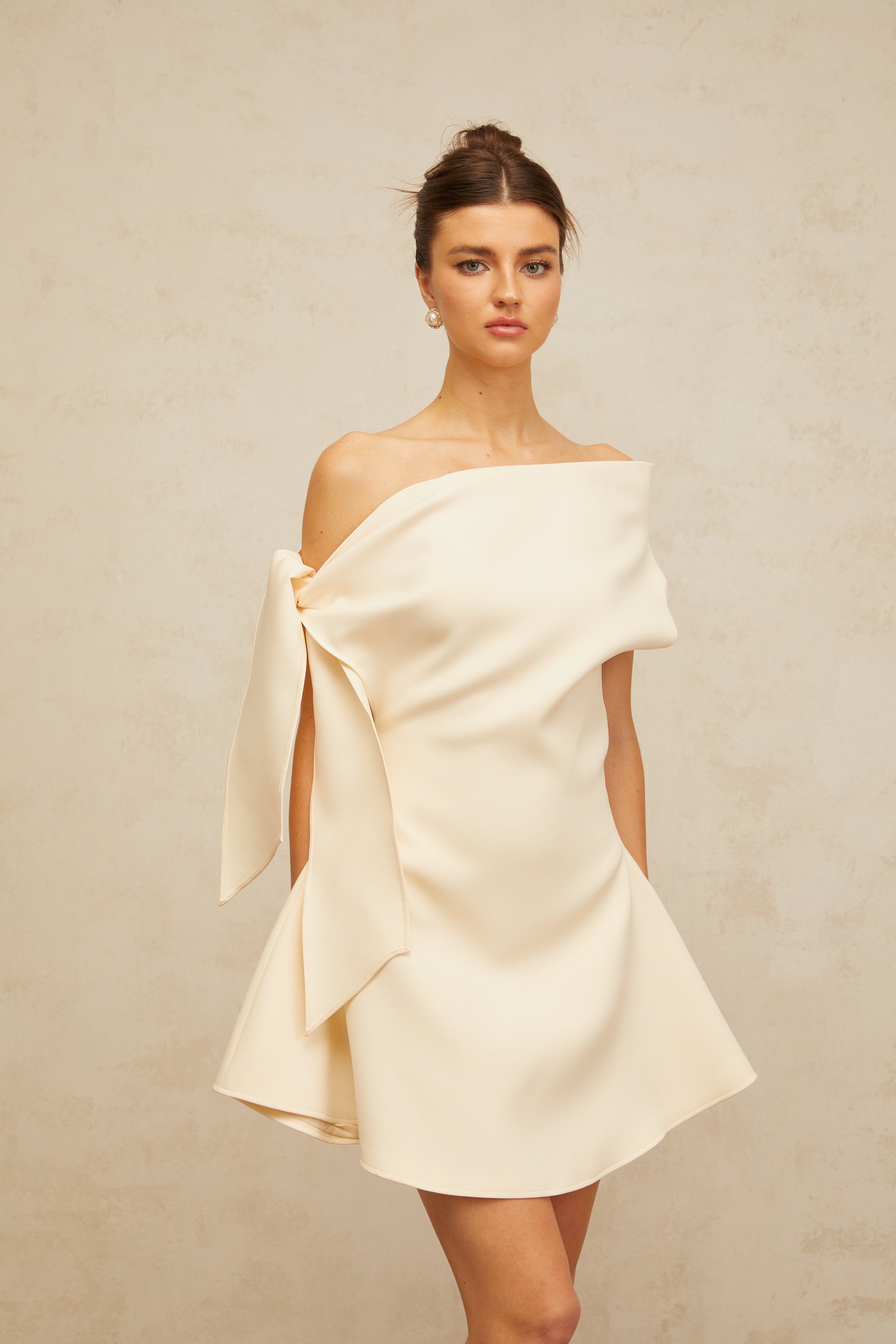 Colette cream-white self-tie-ribbon flared mini dress