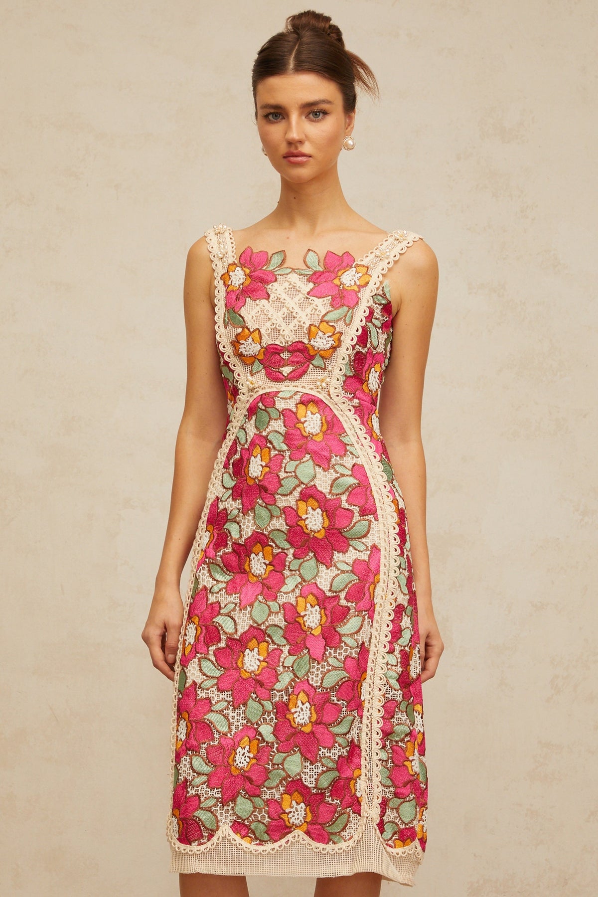 Nalini rose-pink braided floral-embroidered midi dress