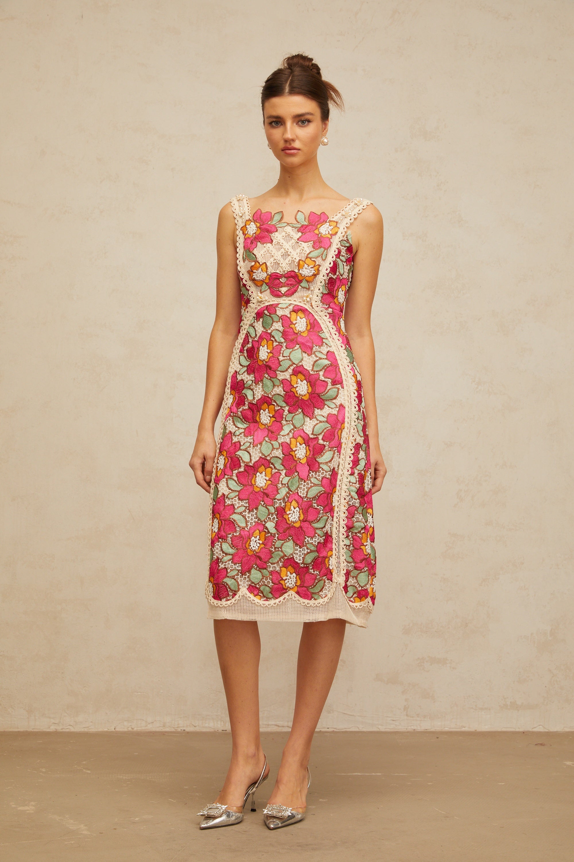 Nalini rose-pink braided floral-embroidered midi dress