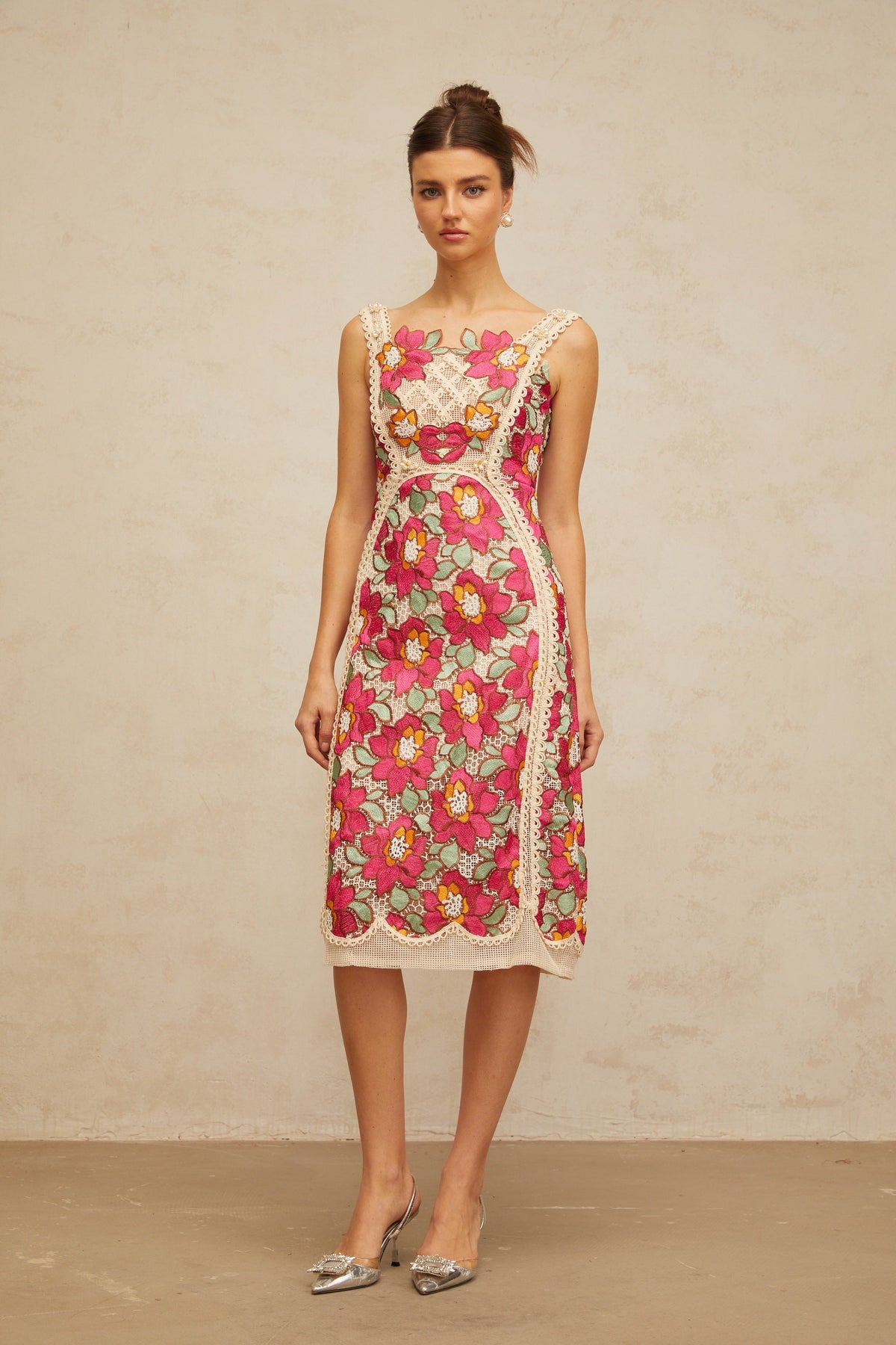 Nalini rose-pink braided floral-embroidered midi dress