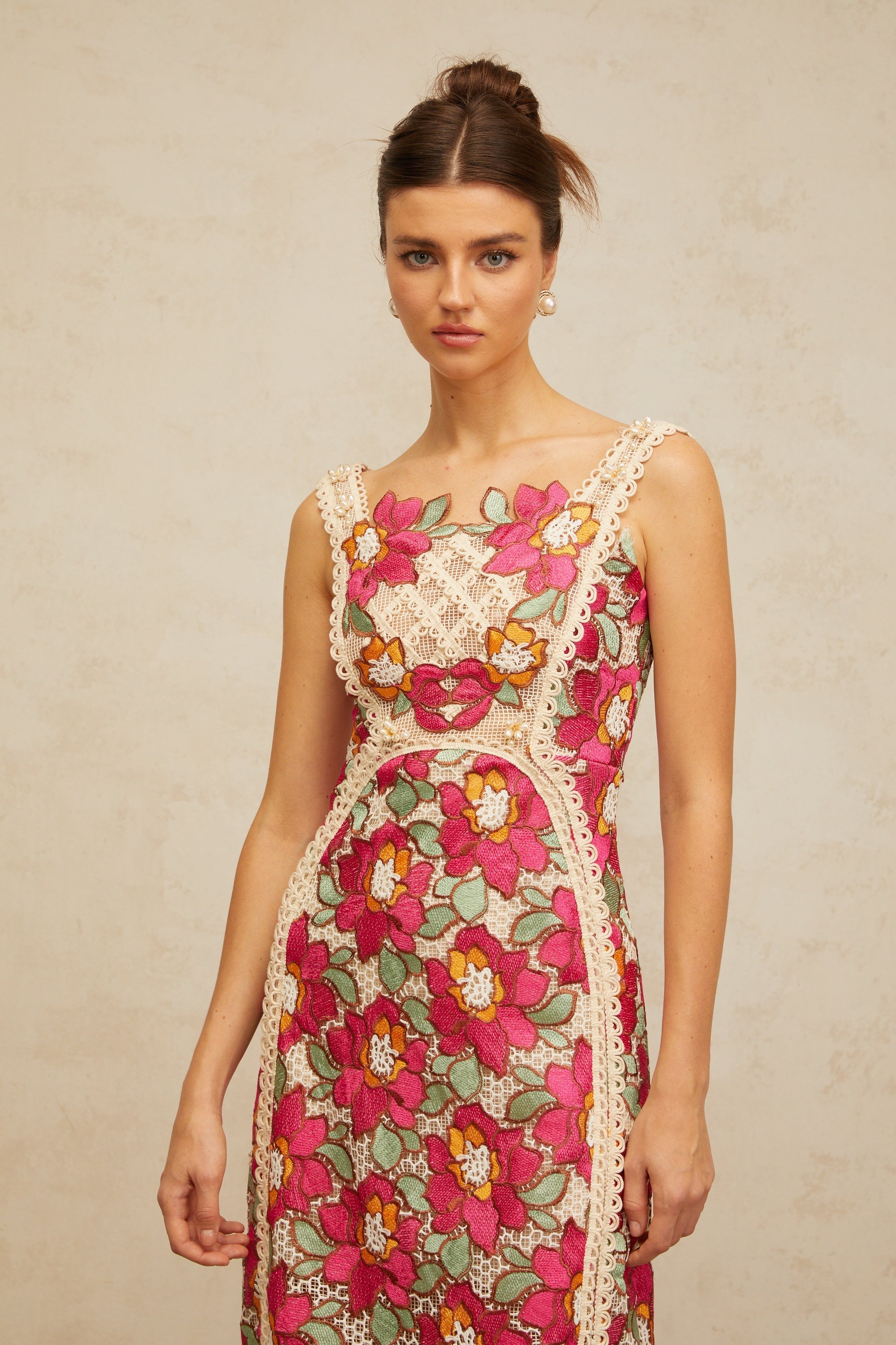 Nalini rose-pink braided floral-embroidered midi dress (Final Sale)