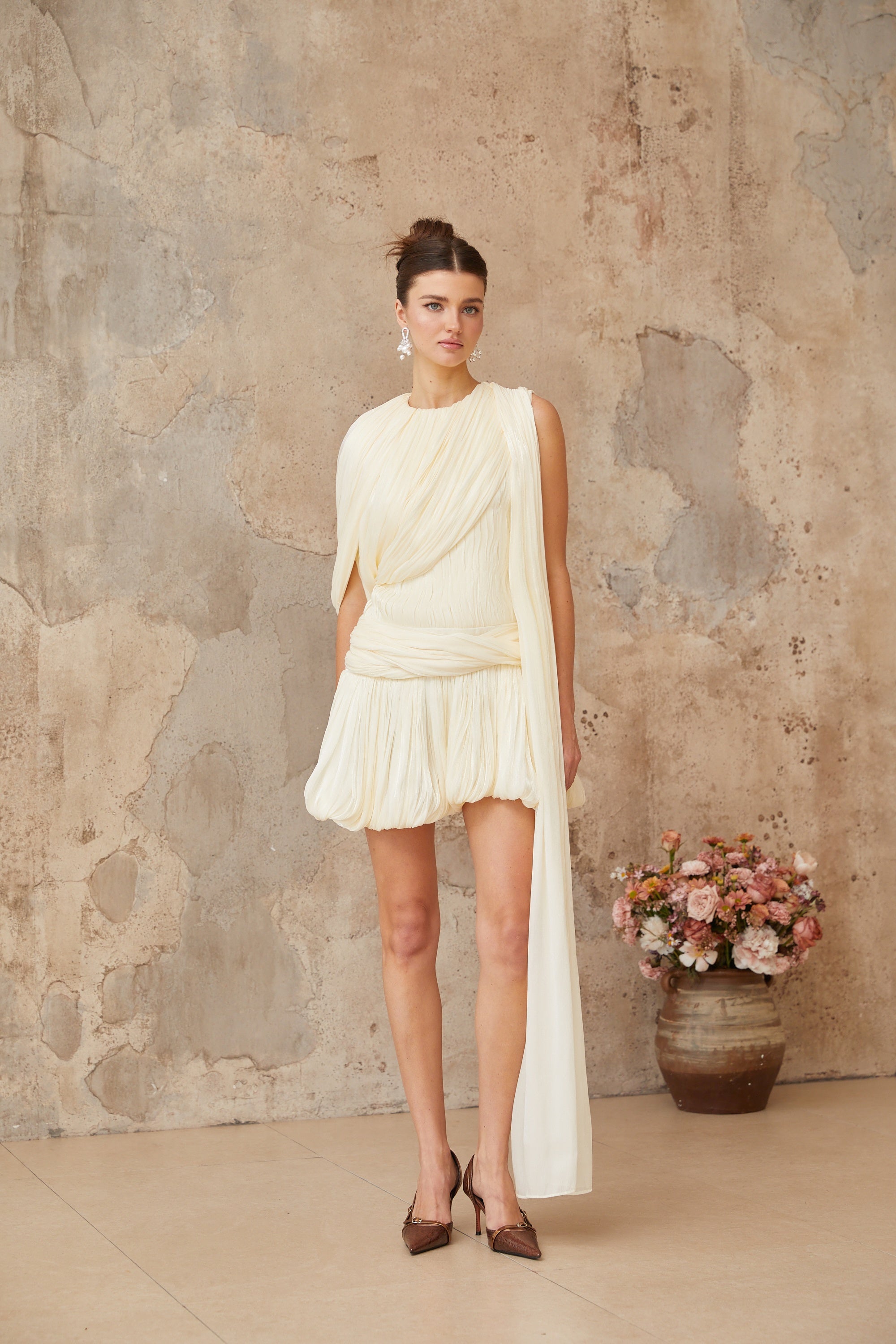 Cyrielle Pleated Mini Dress with Ribbon Design Accent