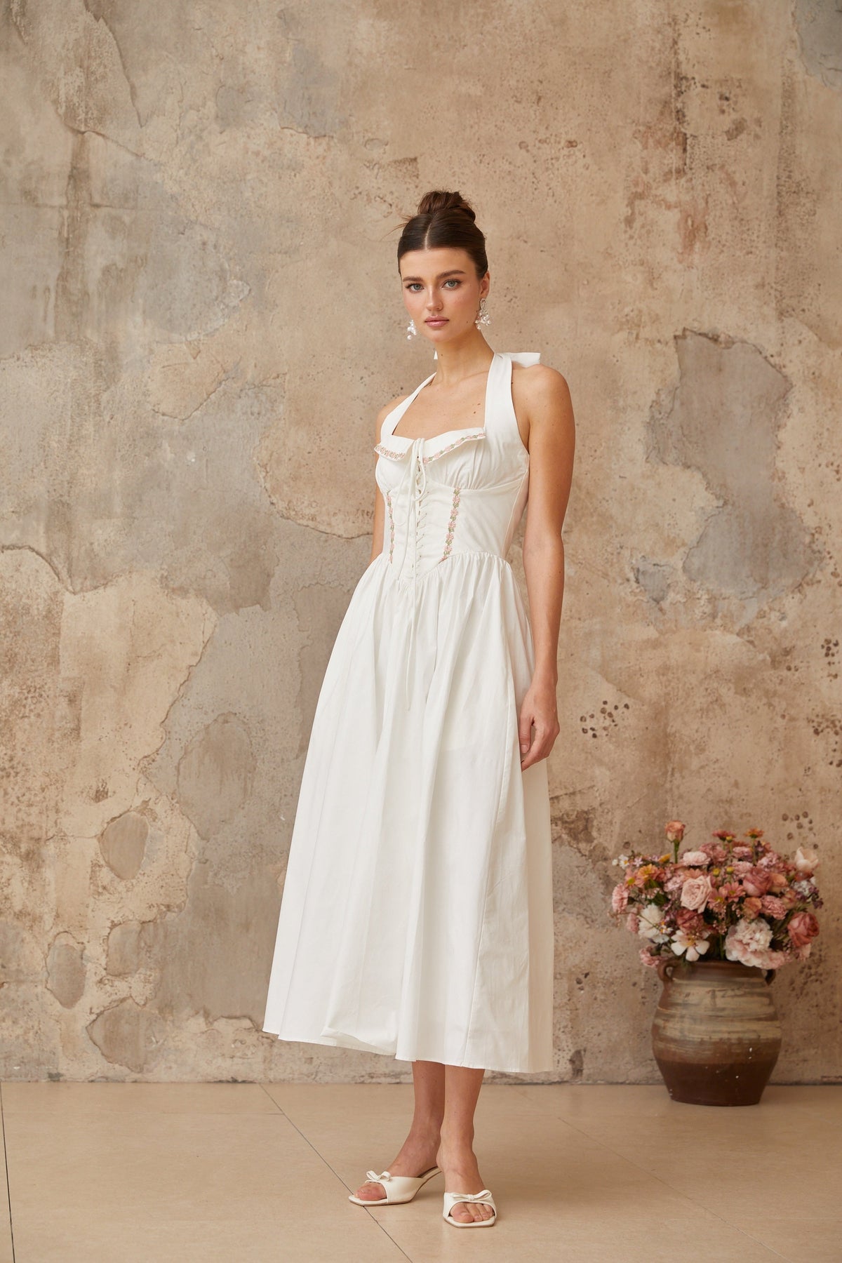 Dulcie white lace-up-detail shirred midi dress