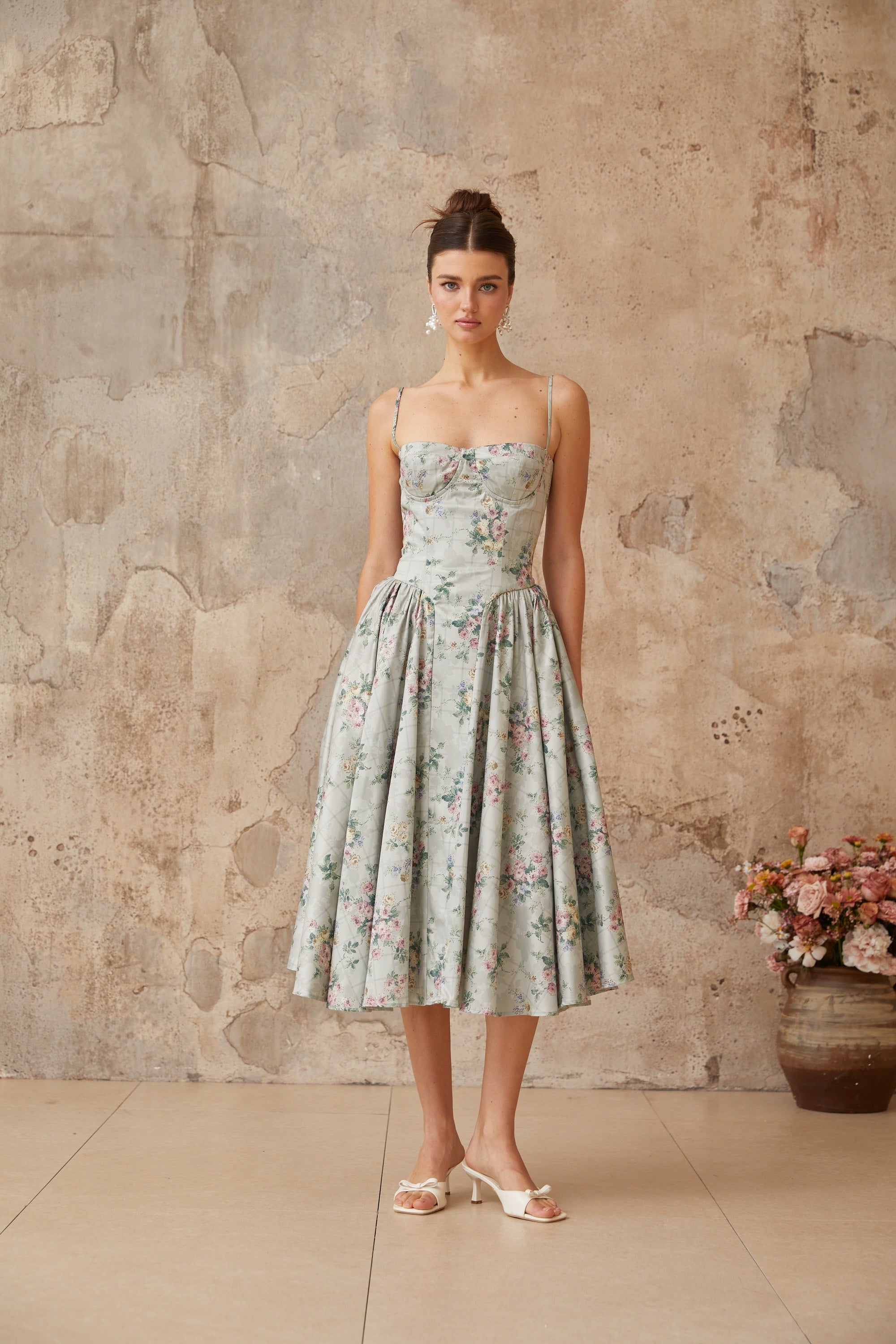 Prunelle sage-green floral-print shirred midi dress