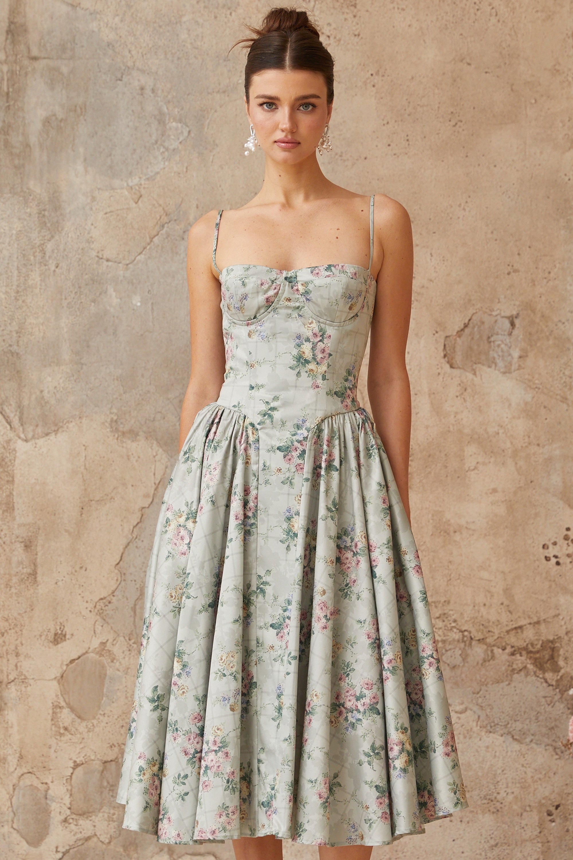 Prunelle sage-green floral-print shirred midi dress (Final Sale-US Only)
