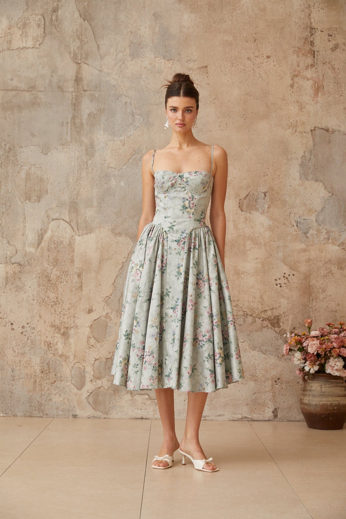 Prunelle sage-green floral-print shirred midi dress (Final Sale-US Only)