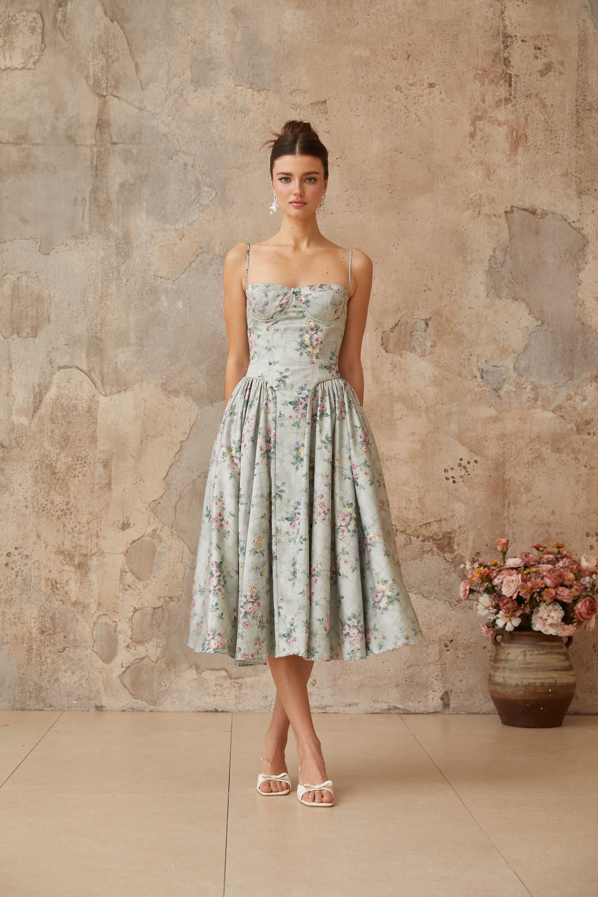 Prunelle sage-green floral-print shirred midi dress