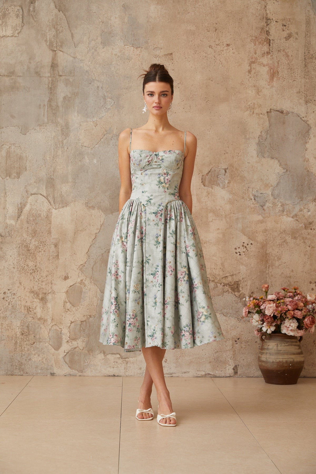 Prunelle sage-green floral-print shirred midi dress (Final Sale-US Only)