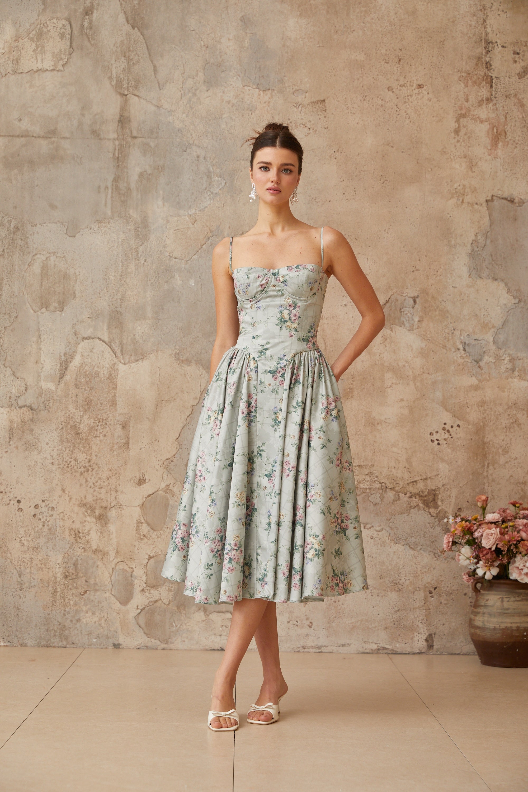 Prunelle sage-green floral-print shirred midi dress