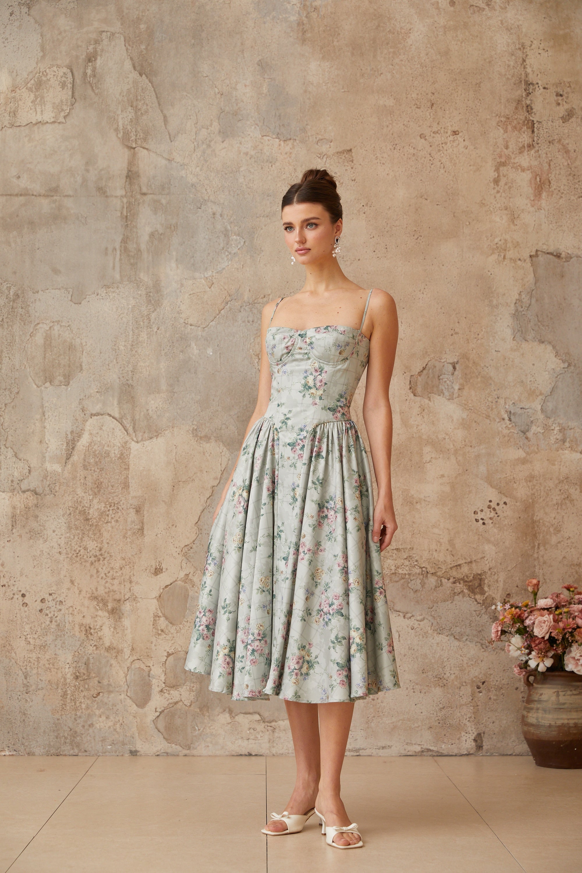 Prunelle sage-green floral-print shirred midi dress