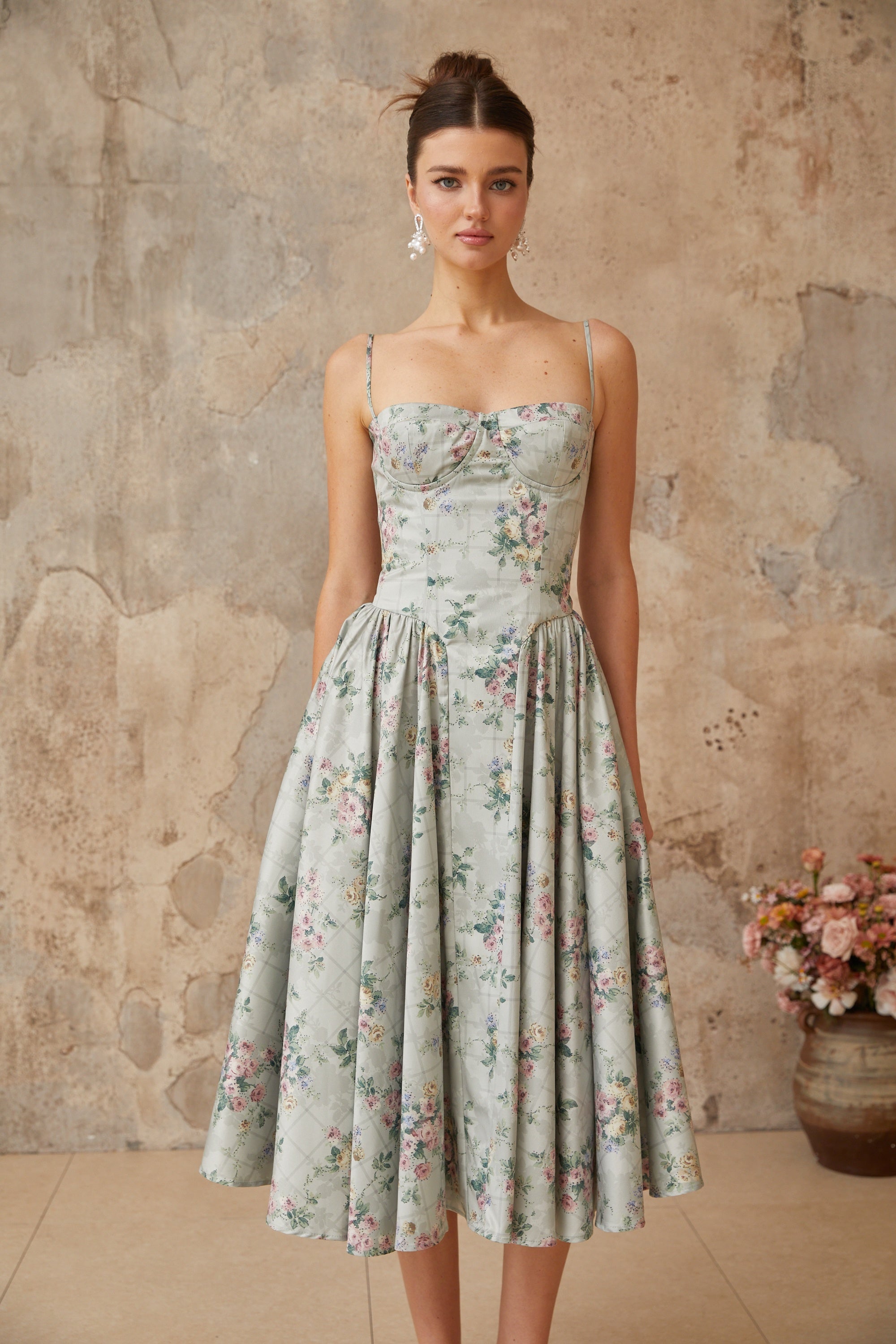 Prunelle sage-green floral-print shirred midi dress