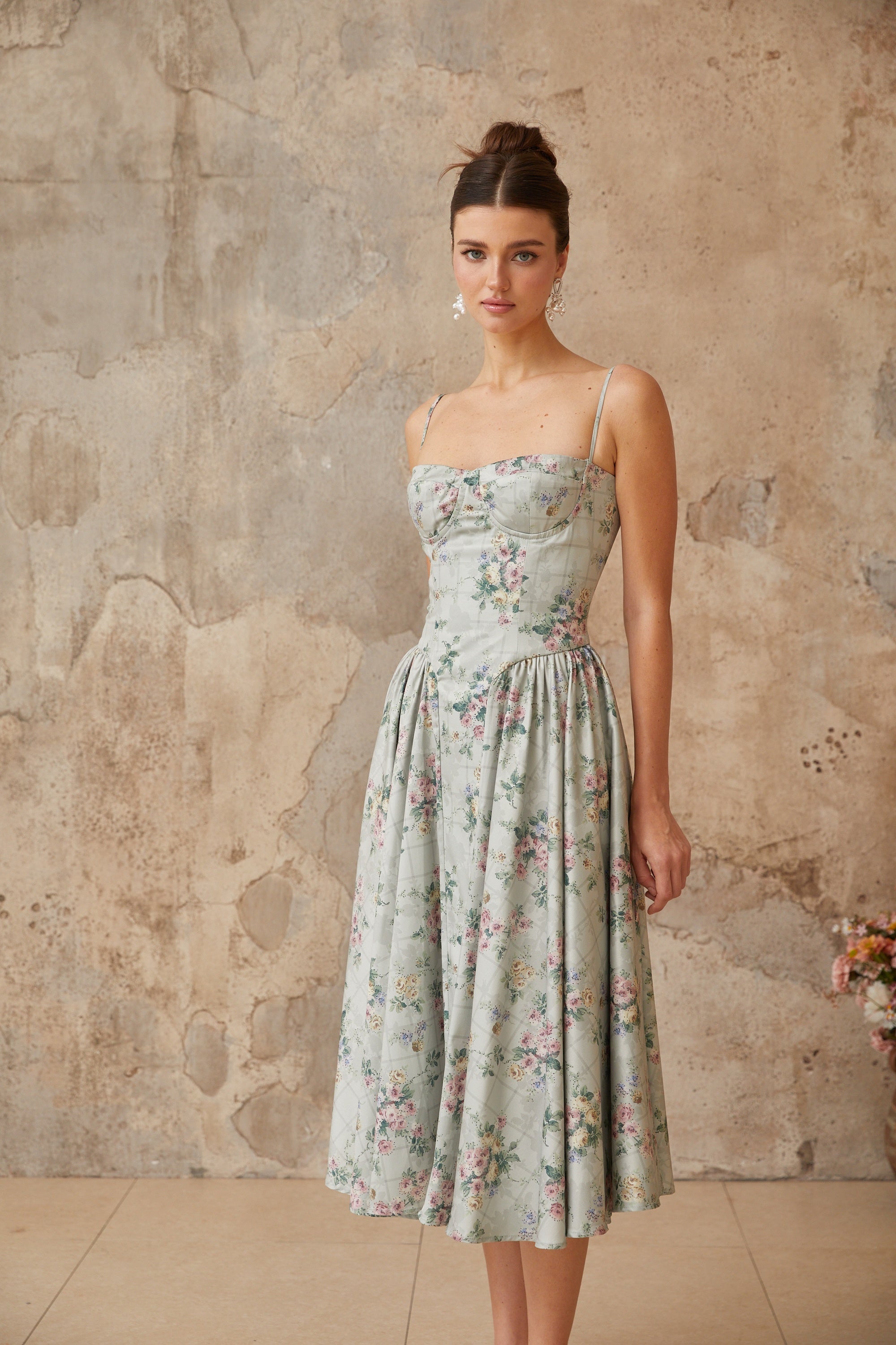 Prunelle sage-green floral-print shirred midi dress