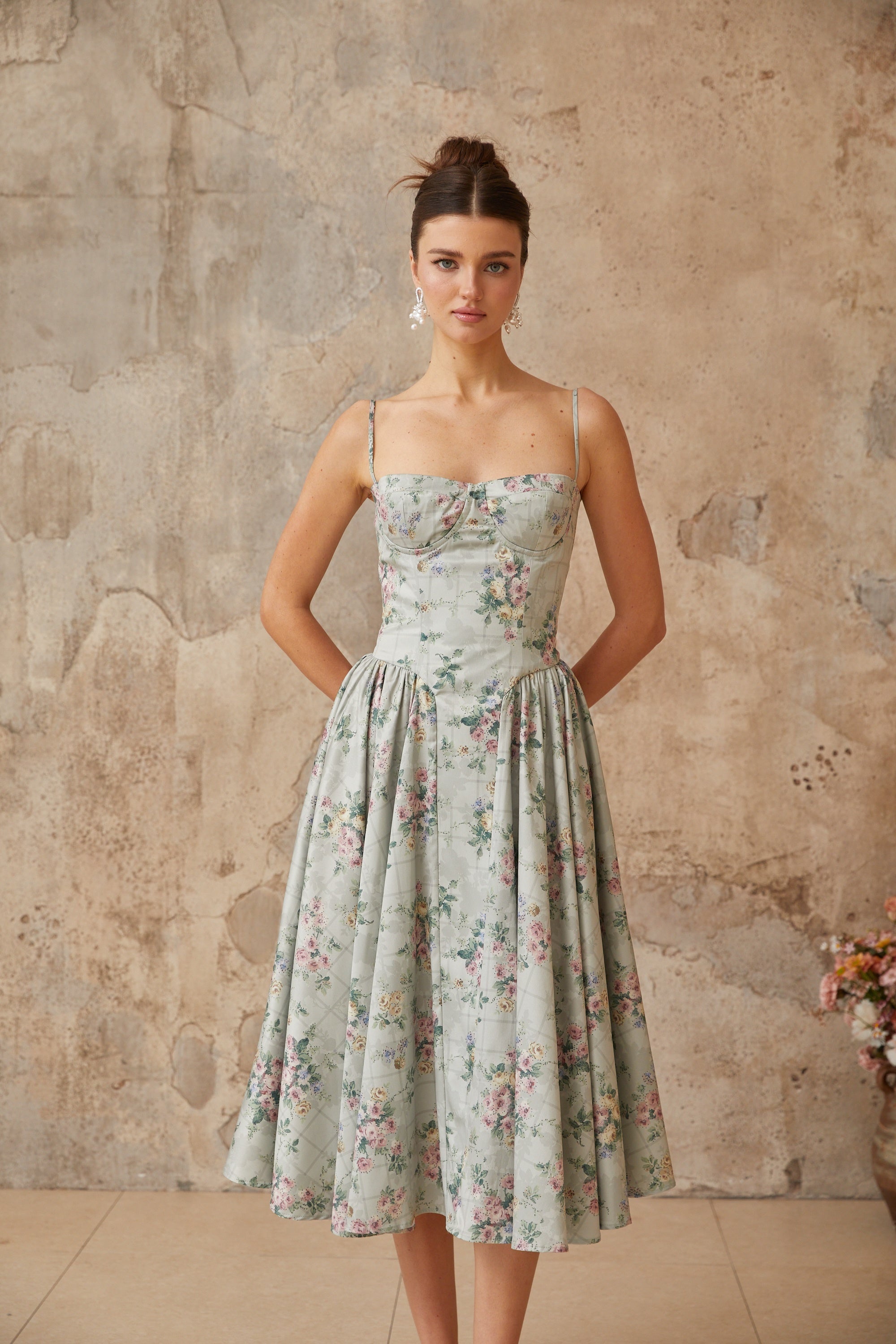 Prunelle sage-green floral-print shirred midi dress (Final Sale)