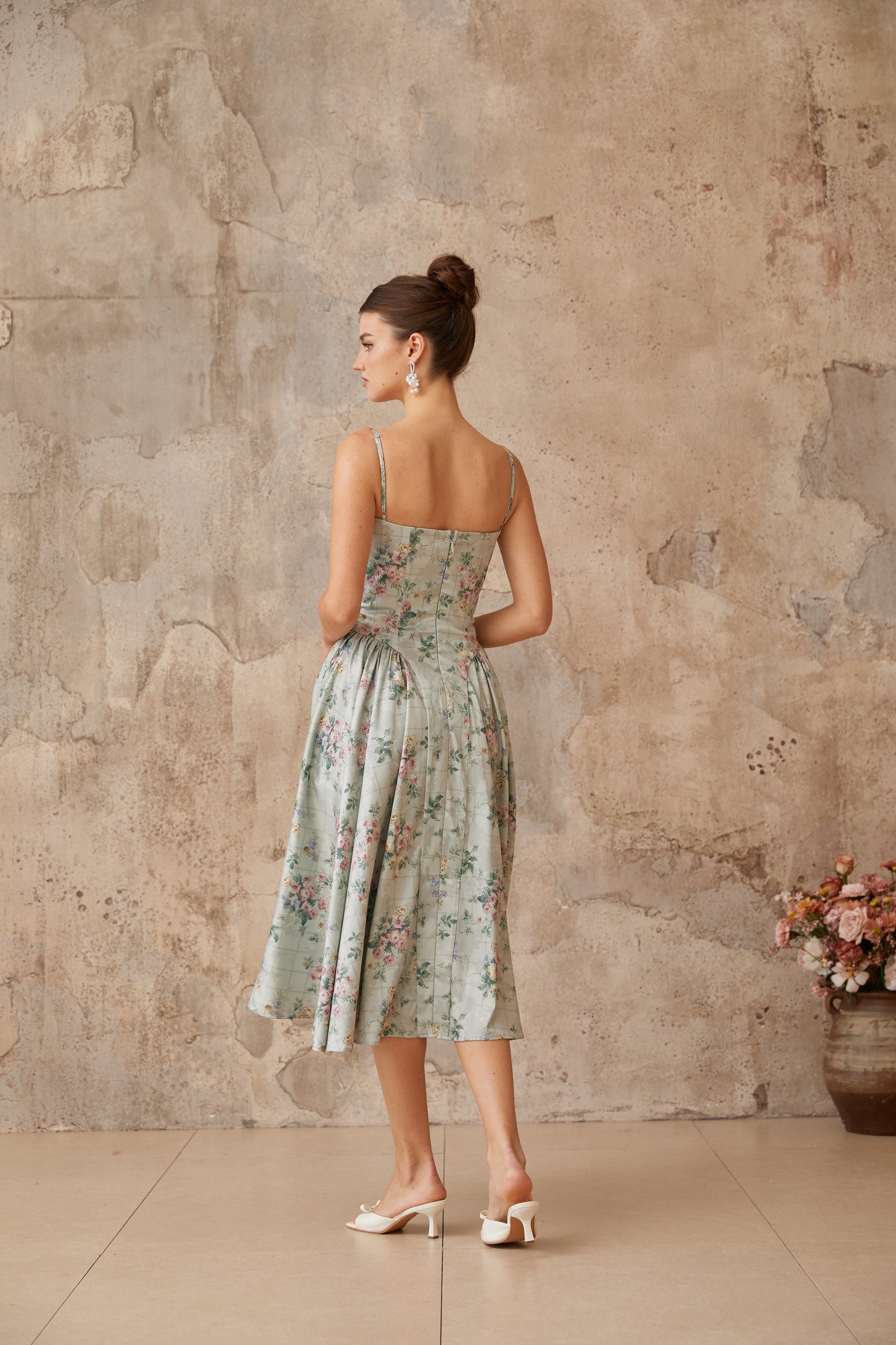 Prunelle sage-green floral-print shirred midi dress