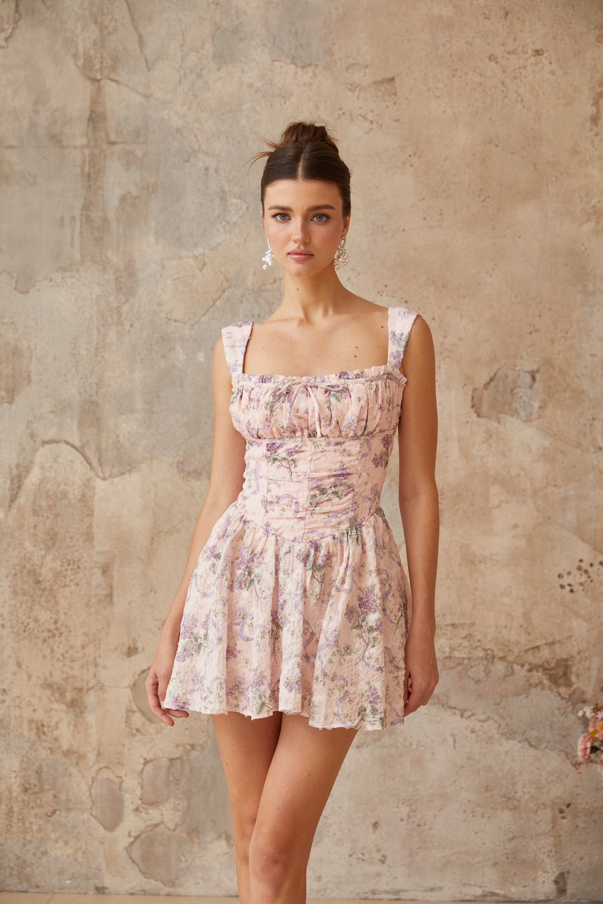 Xavière pink floral-print shirred mini dress