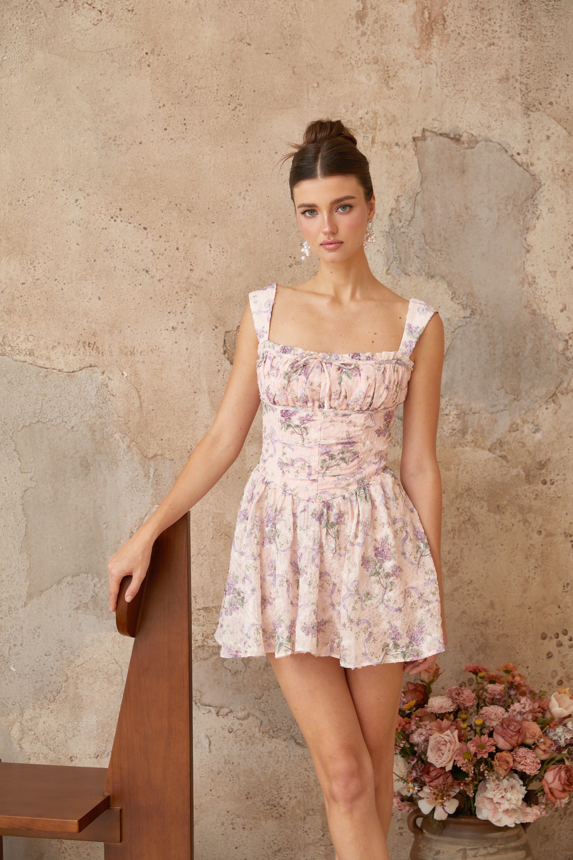 Xavière pink floral-print shirred mini dress