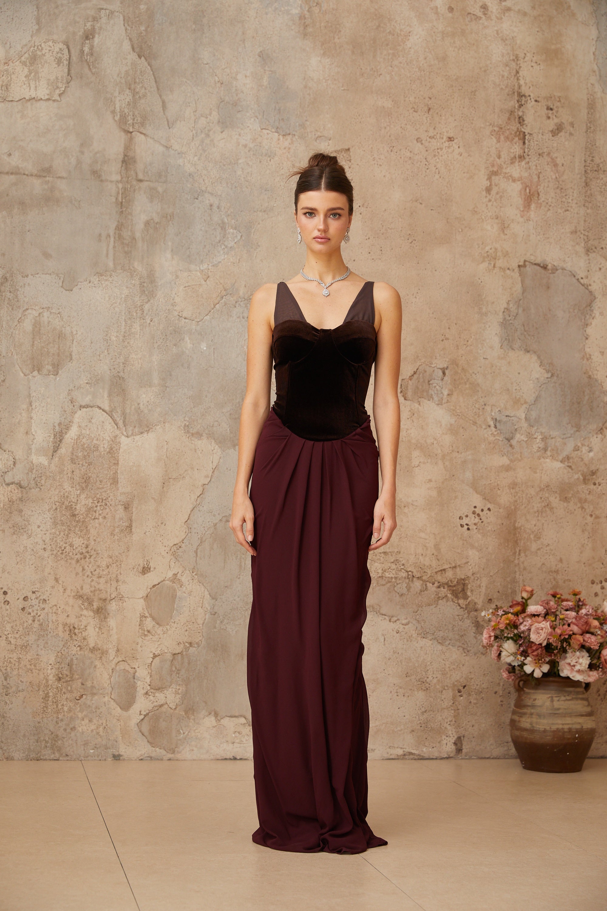 Ariane burgundy velvet-panel shirred maxi dress