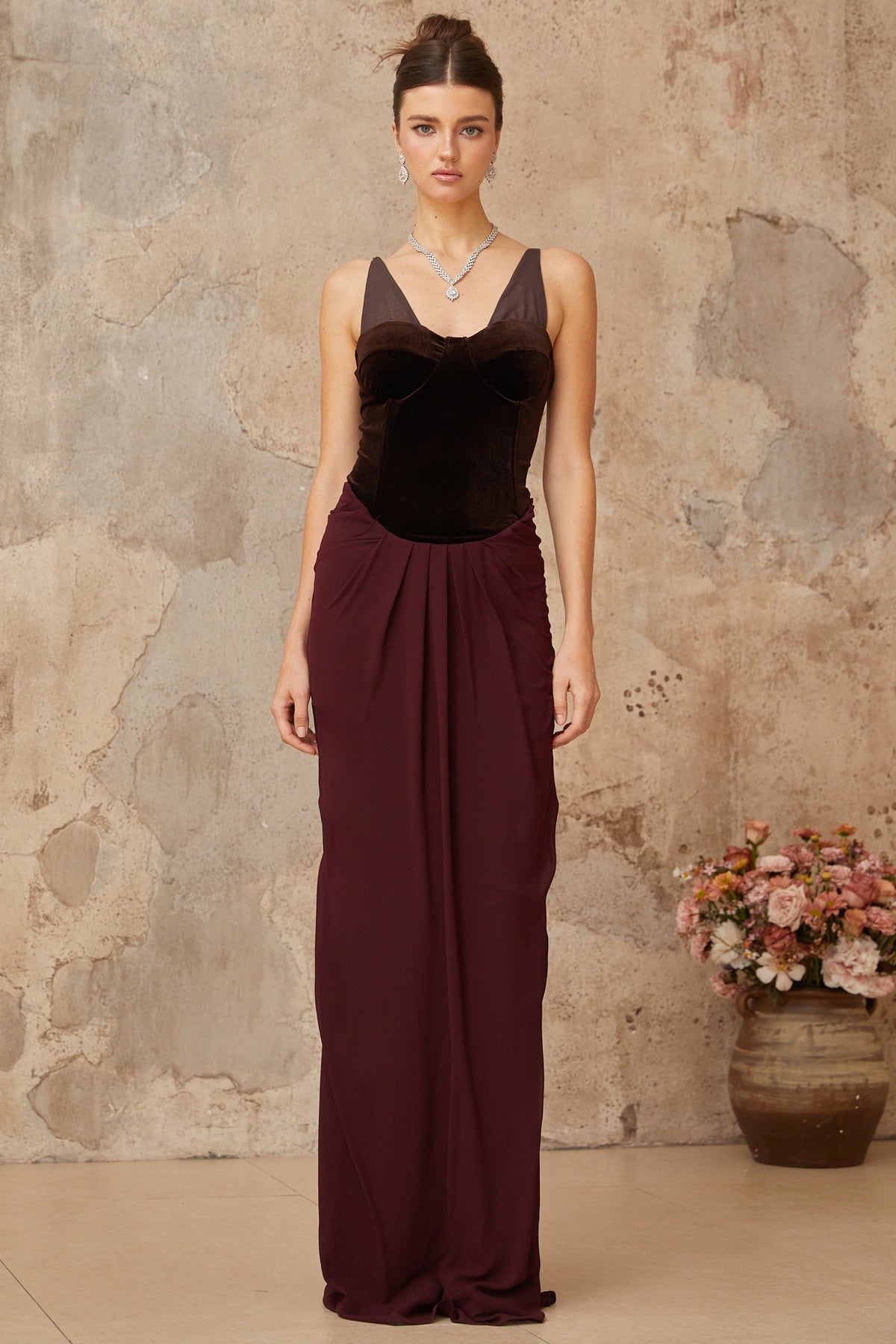 Ariane burgundy velvet-panel shirred maxi dress