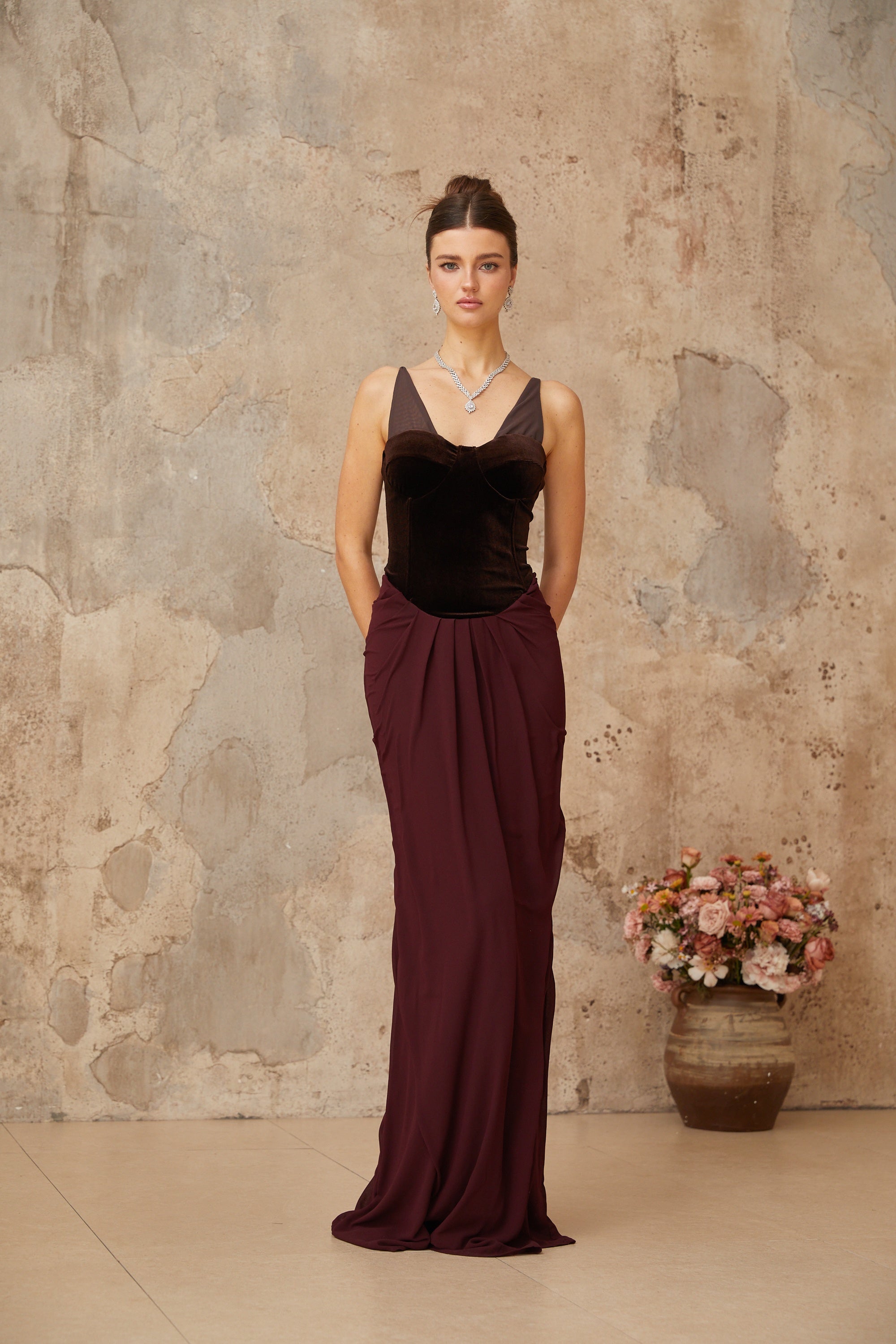 Ariane burgundy velvet-panel shirred maxi dress