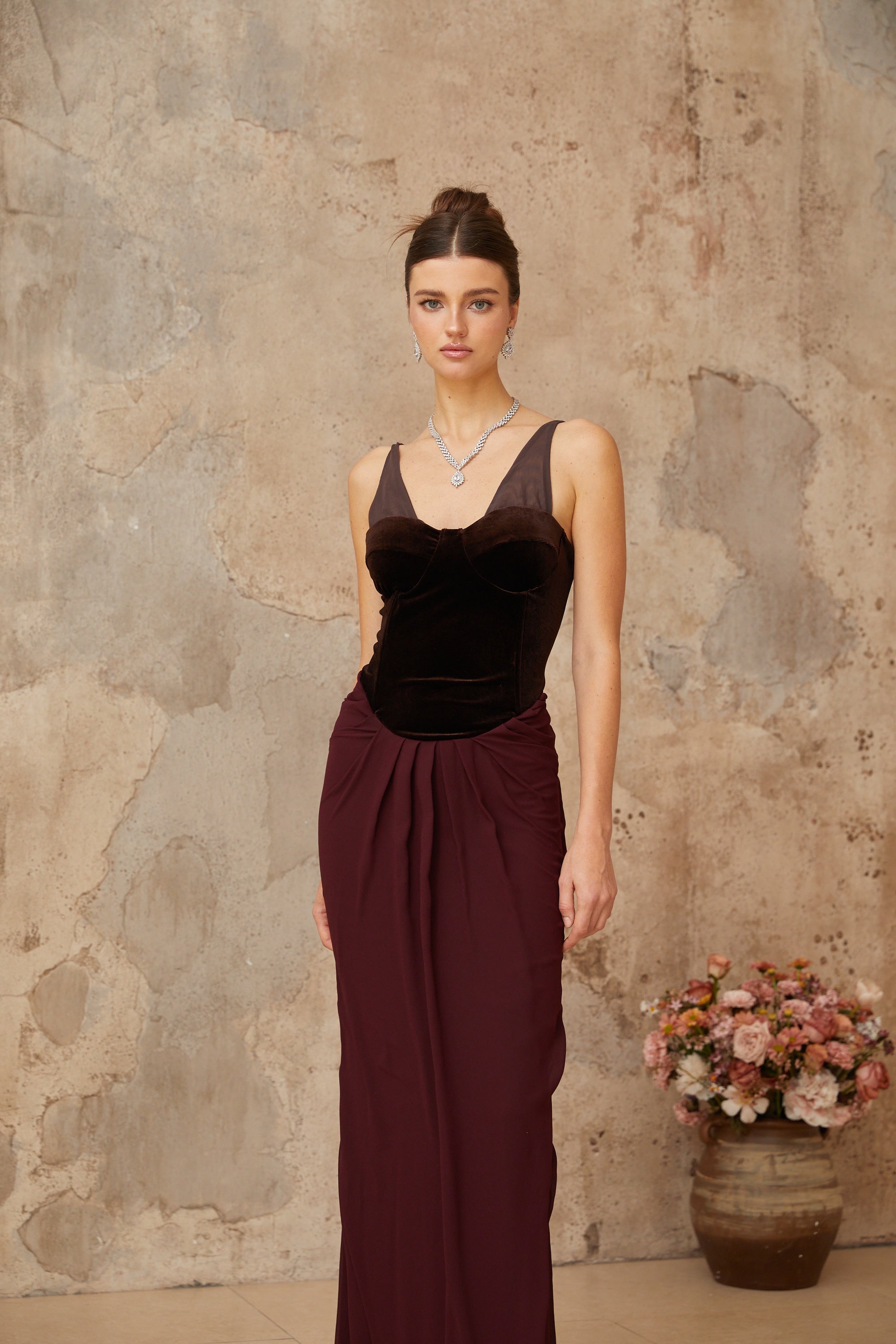 Ariane burgundy velvet-panel shirred maxi dress