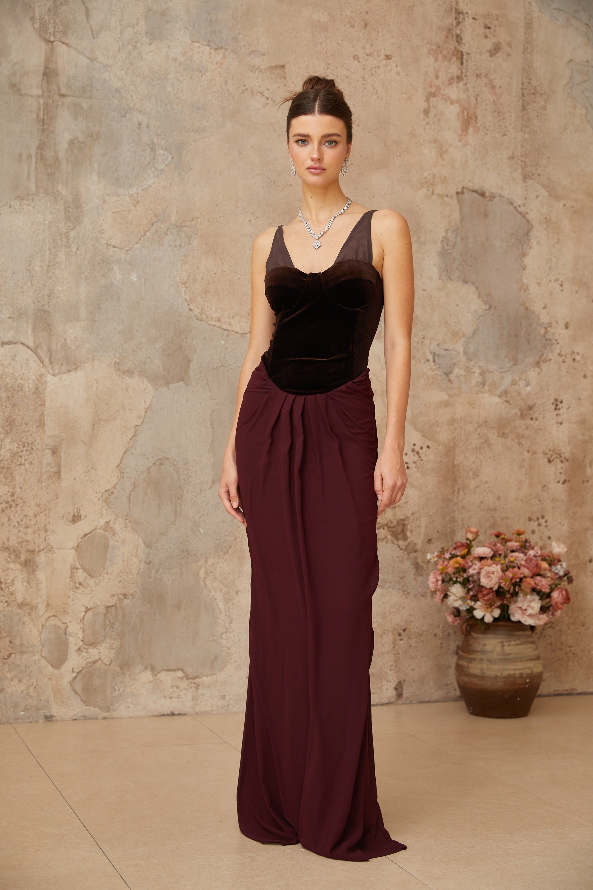 Ariane burgundy velvet-panel shirred maxi dress