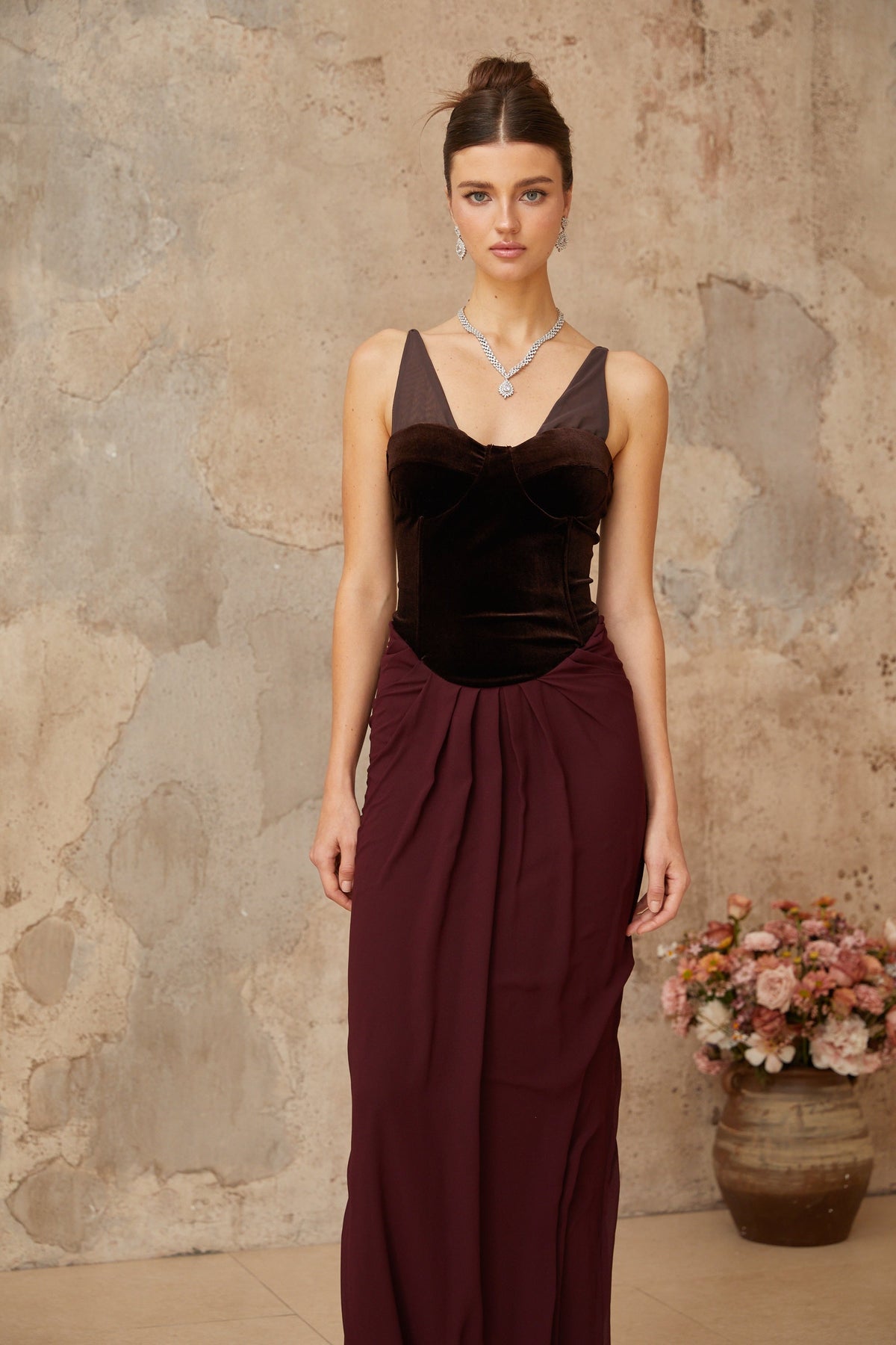 Ariane burgundy velvet-panel shirred maxi dress