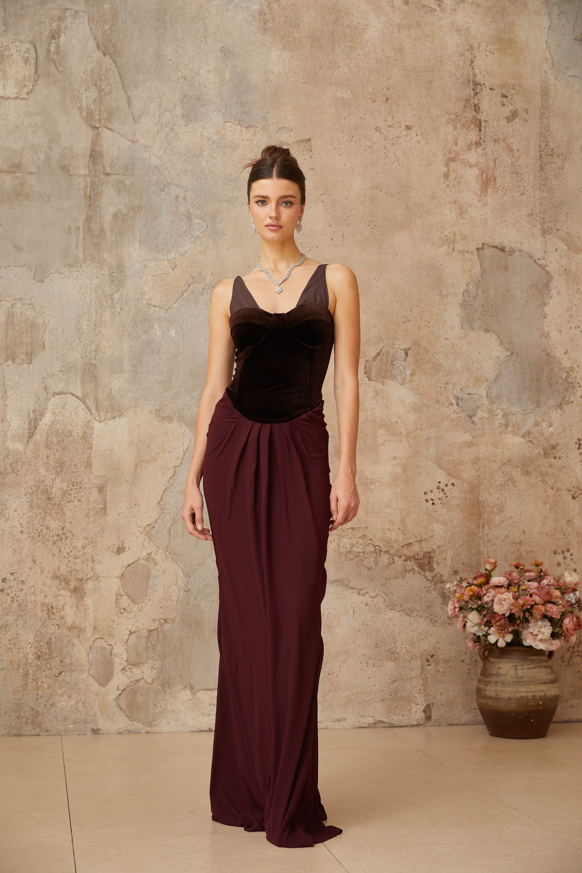 Ariane burgundy velvet-panel shirred maxi dress