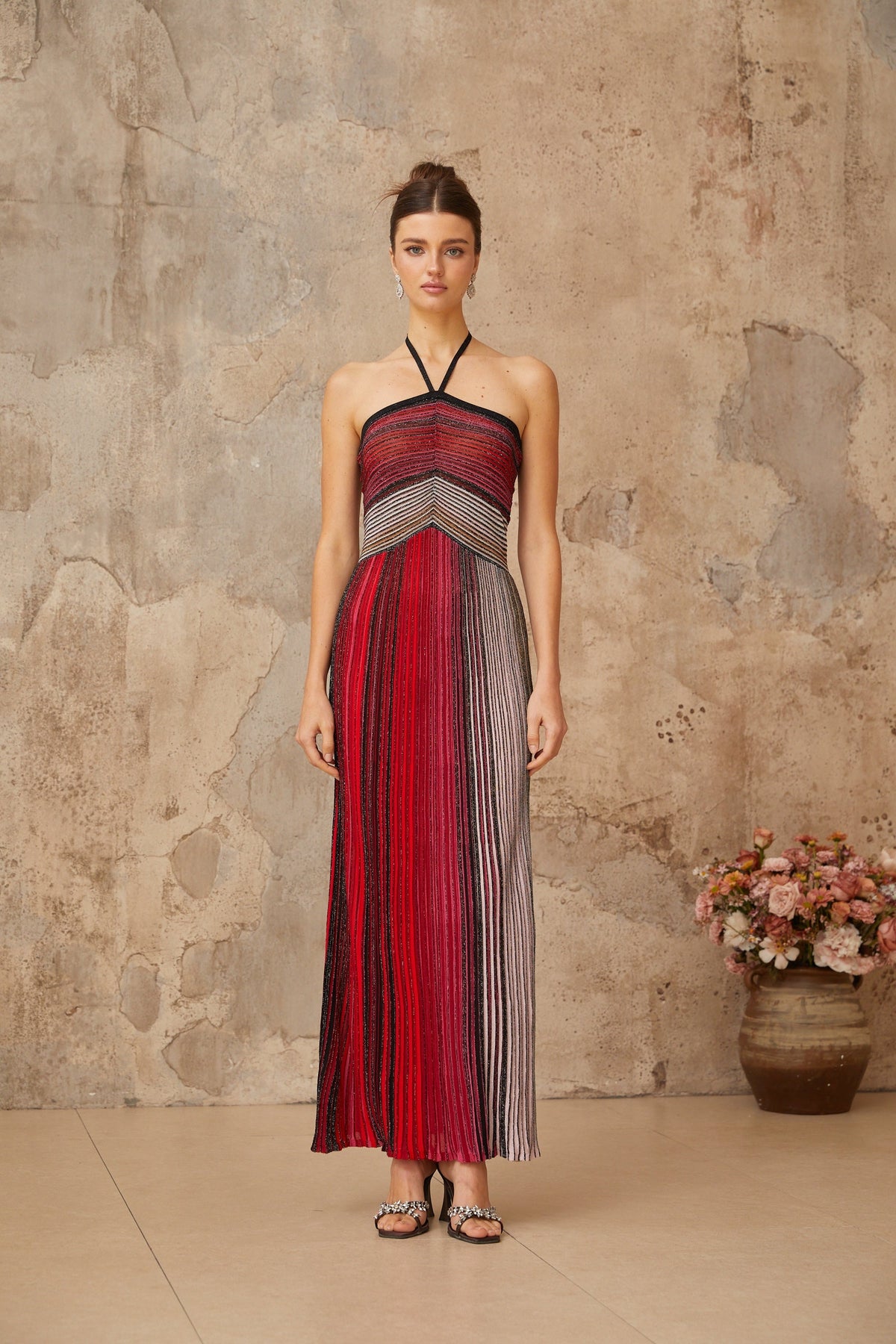 Ulysse halterneck metallic knit maxi dress in Red