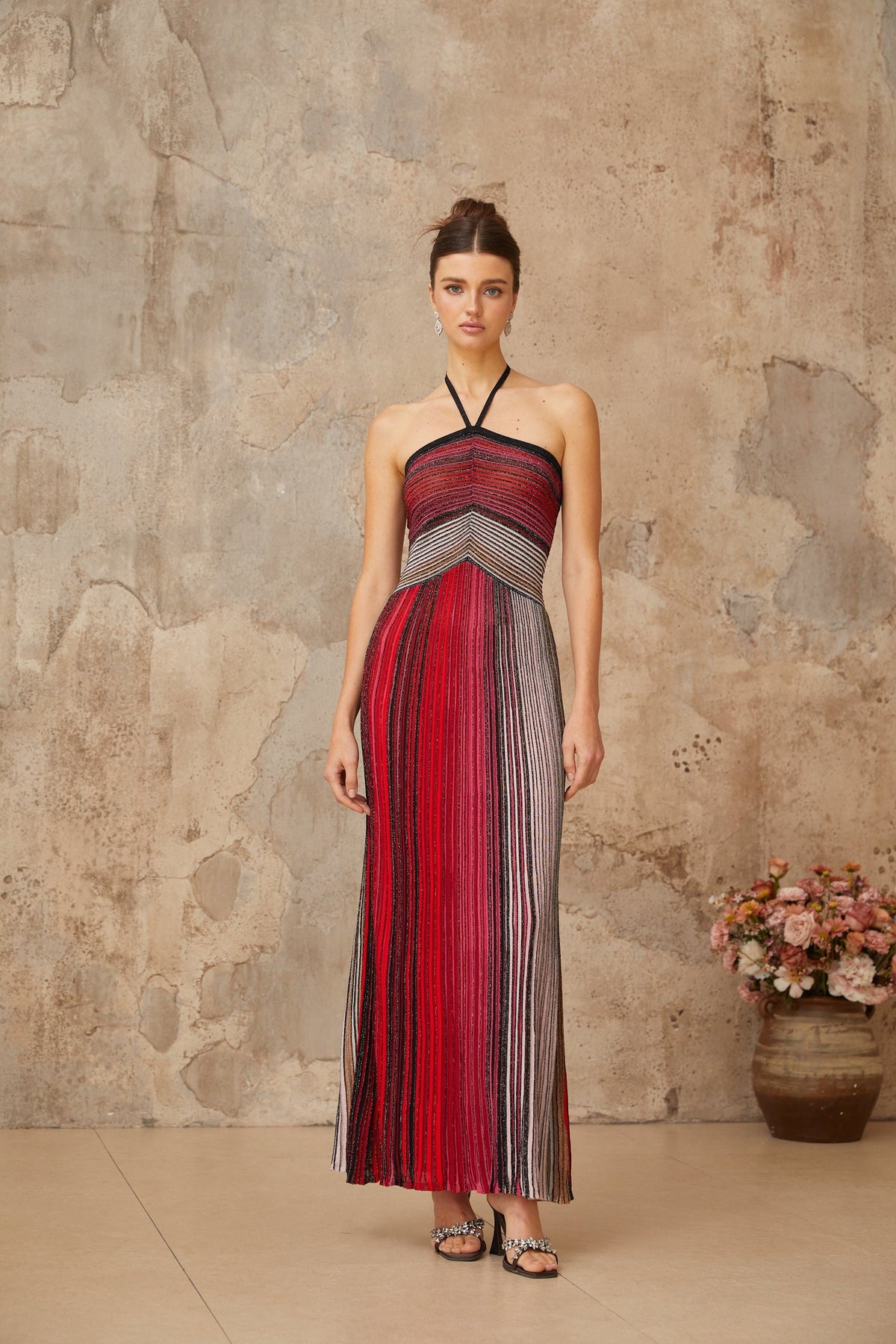 Ulysse halterneck metallic knit maxi dress in Red