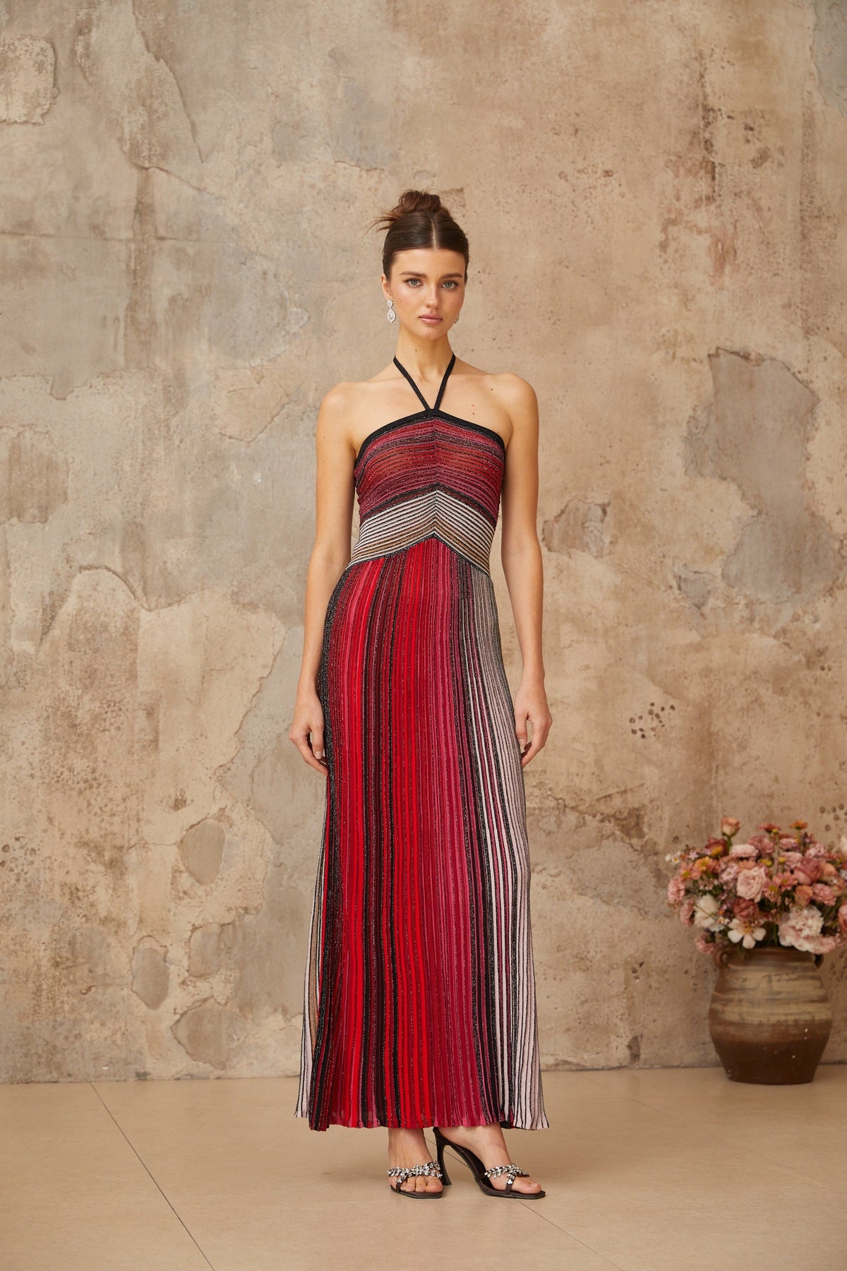 Ulysse halterneck metallic knit maxi dress in Red