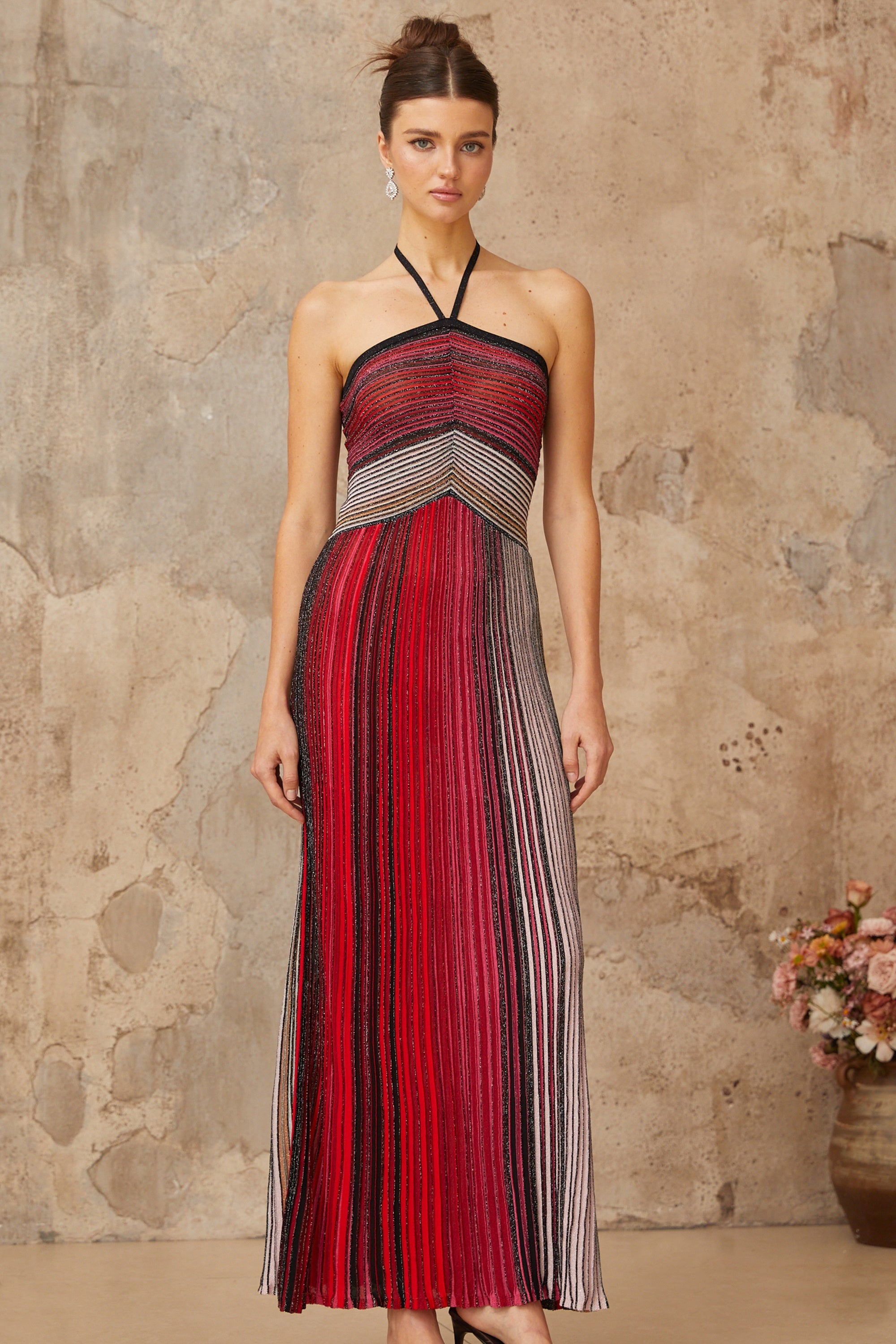 Ulysse halterneck metallic knit maxi dress in Red
