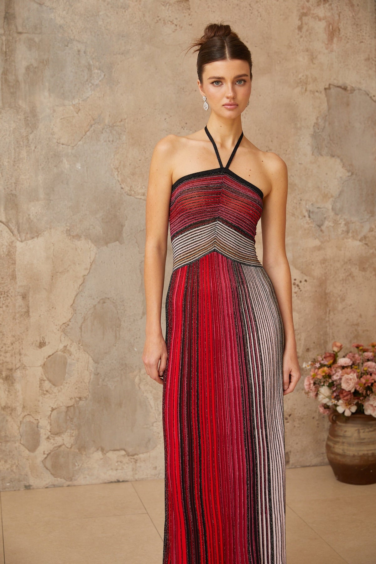 Ulysse Red Metallic Knit Halterneck Maxi Dress