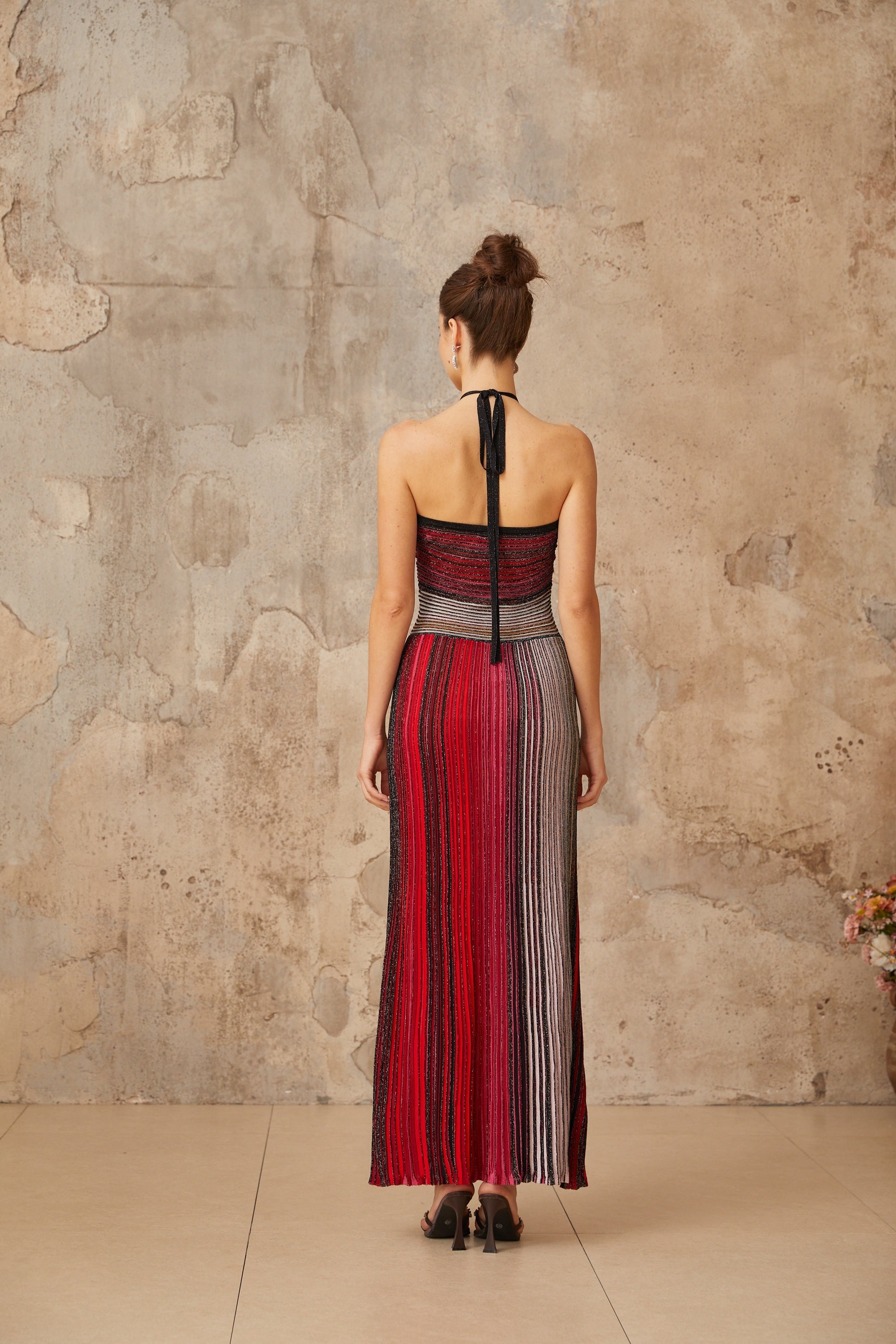 Ulysse halterneck metallic knit maxi dress in Red