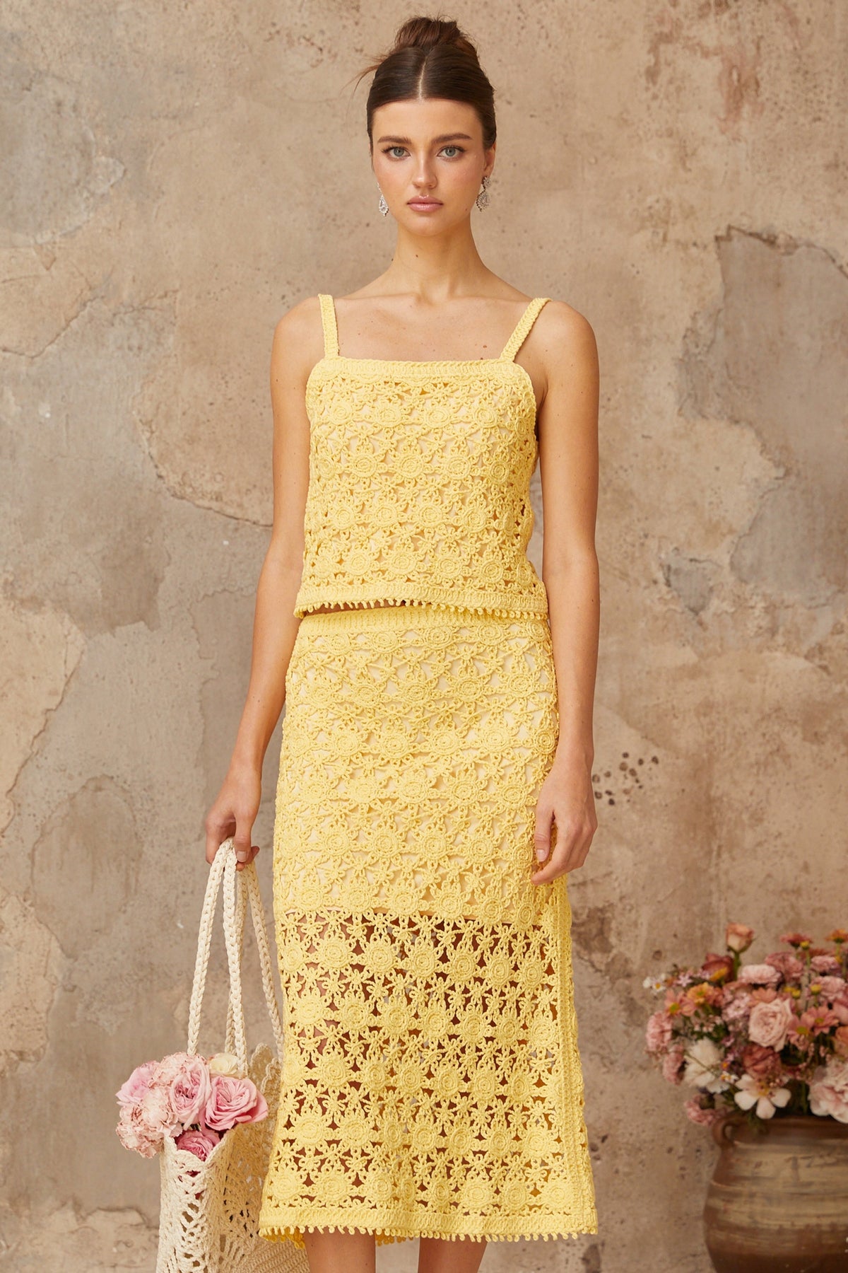 Isoline yellow crochet-knit top & skirt matching set