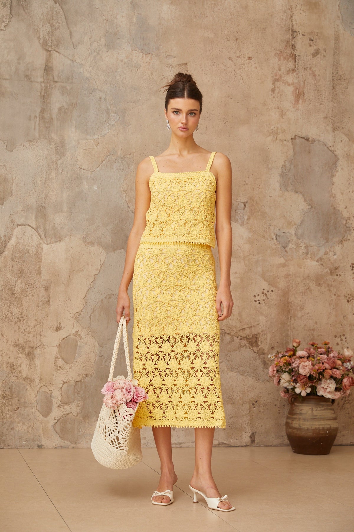 Isoline yellow crochet-knit top & skirt matching set