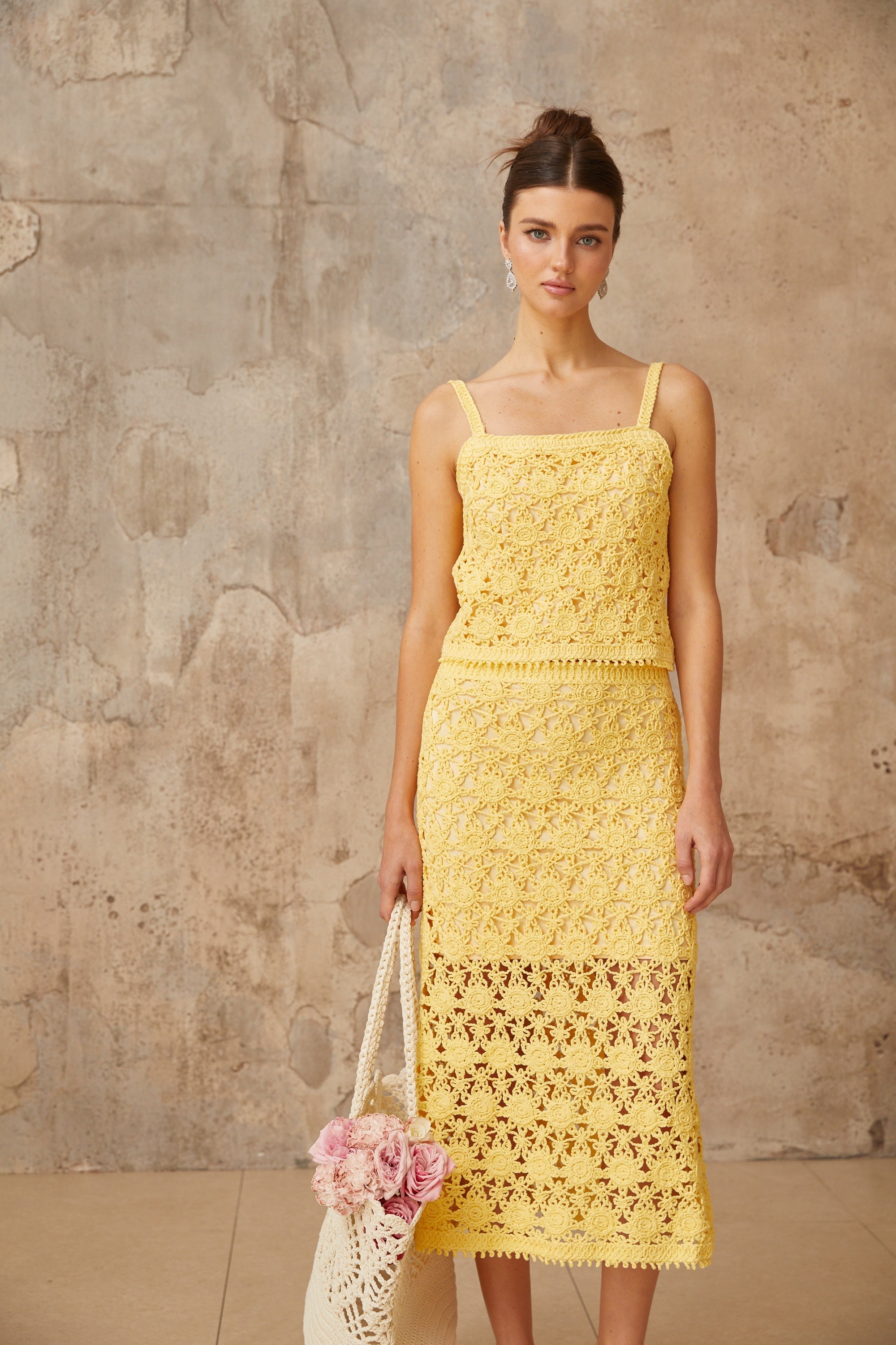 Isoline yellow crochet-knit top & skirt matching set
