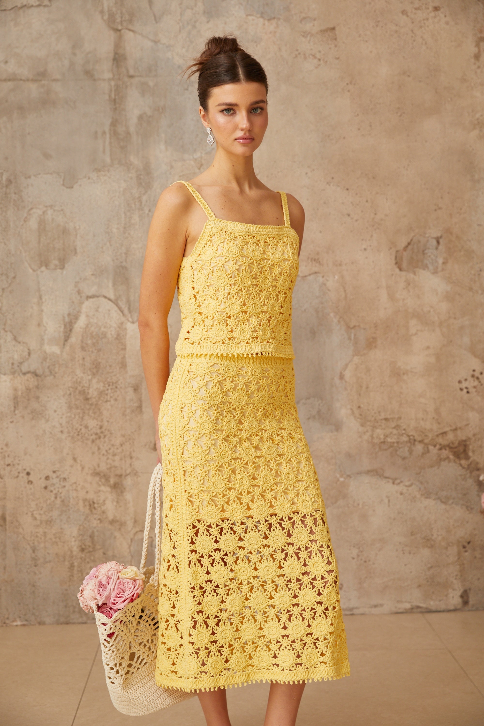 Isoline yellow crochet-knit top & skirt matching set
