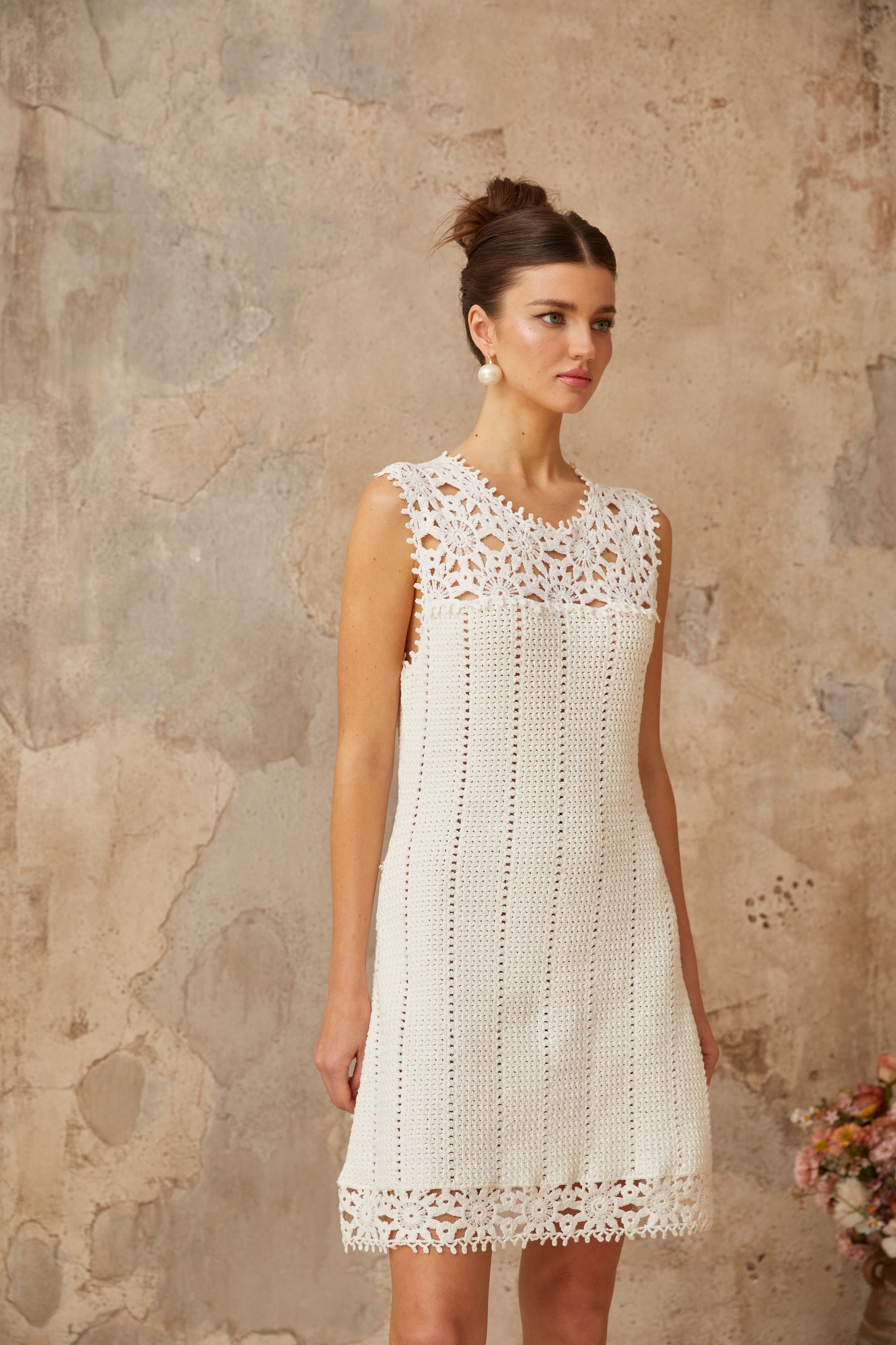 Gisèle white floral-appliqué crochet-knit mini dress