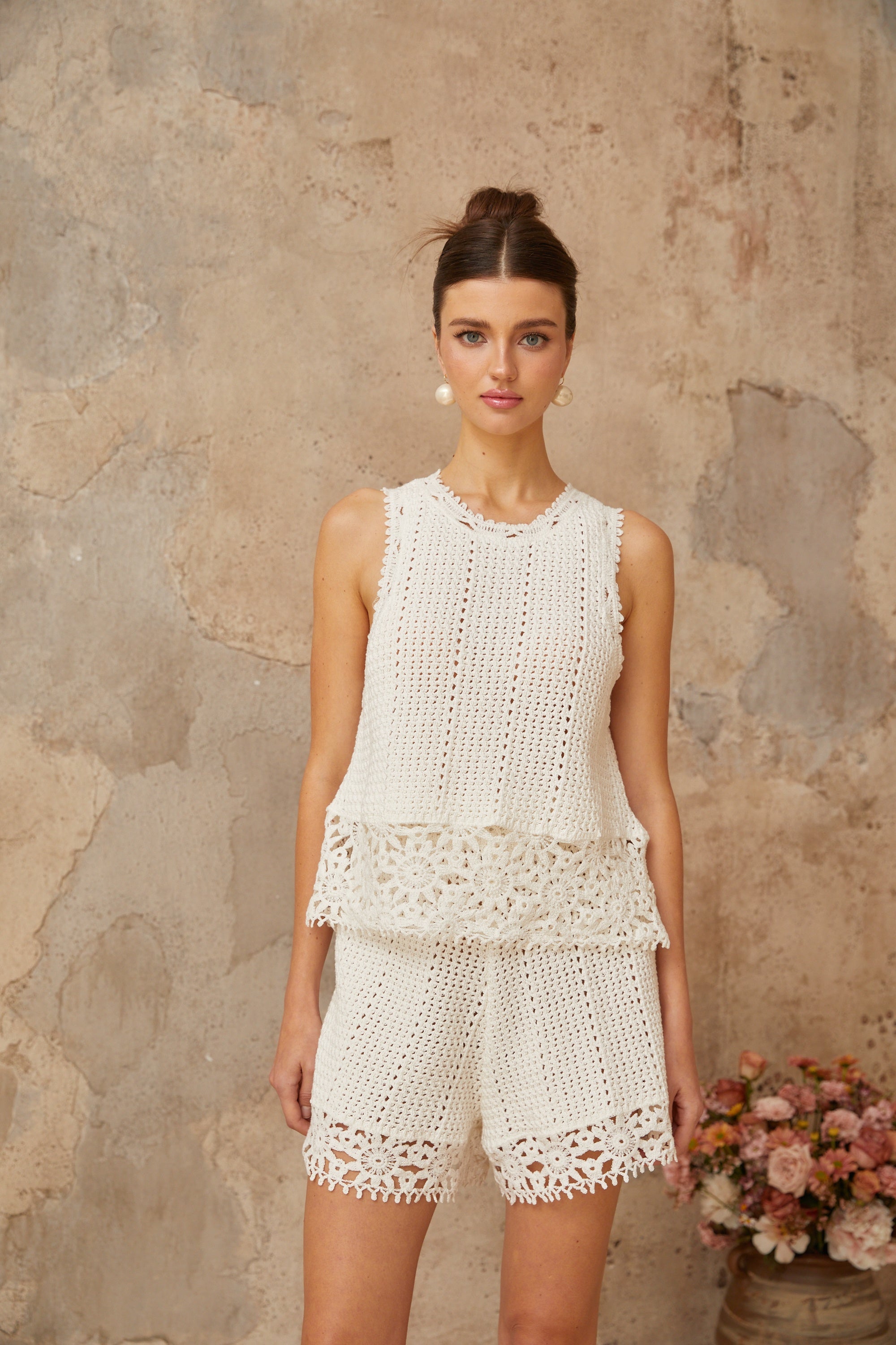 Gisèle white floral-appliqué crochet-knit top & shorts matching set