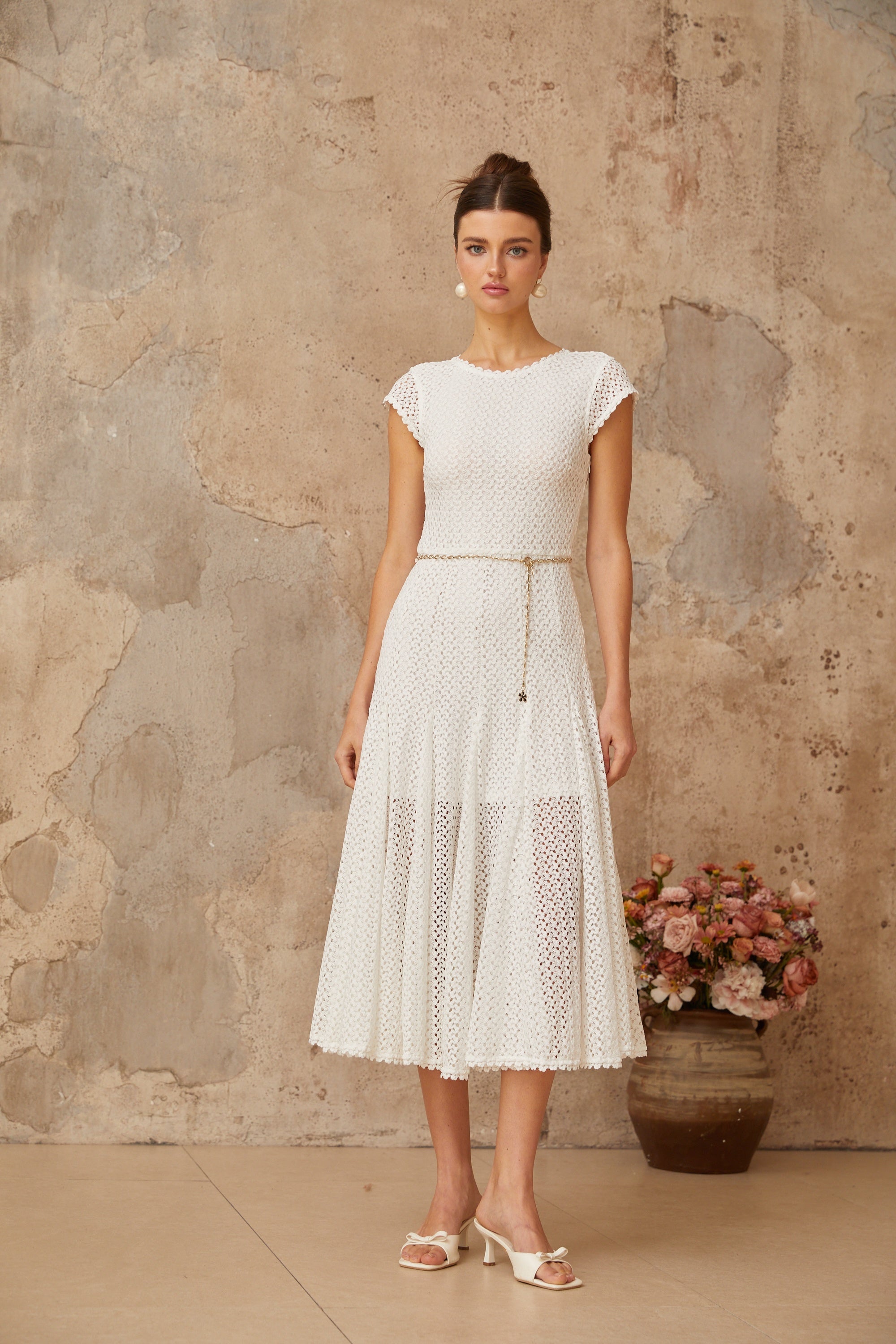 Giada white shirred crochet-knit midi dress