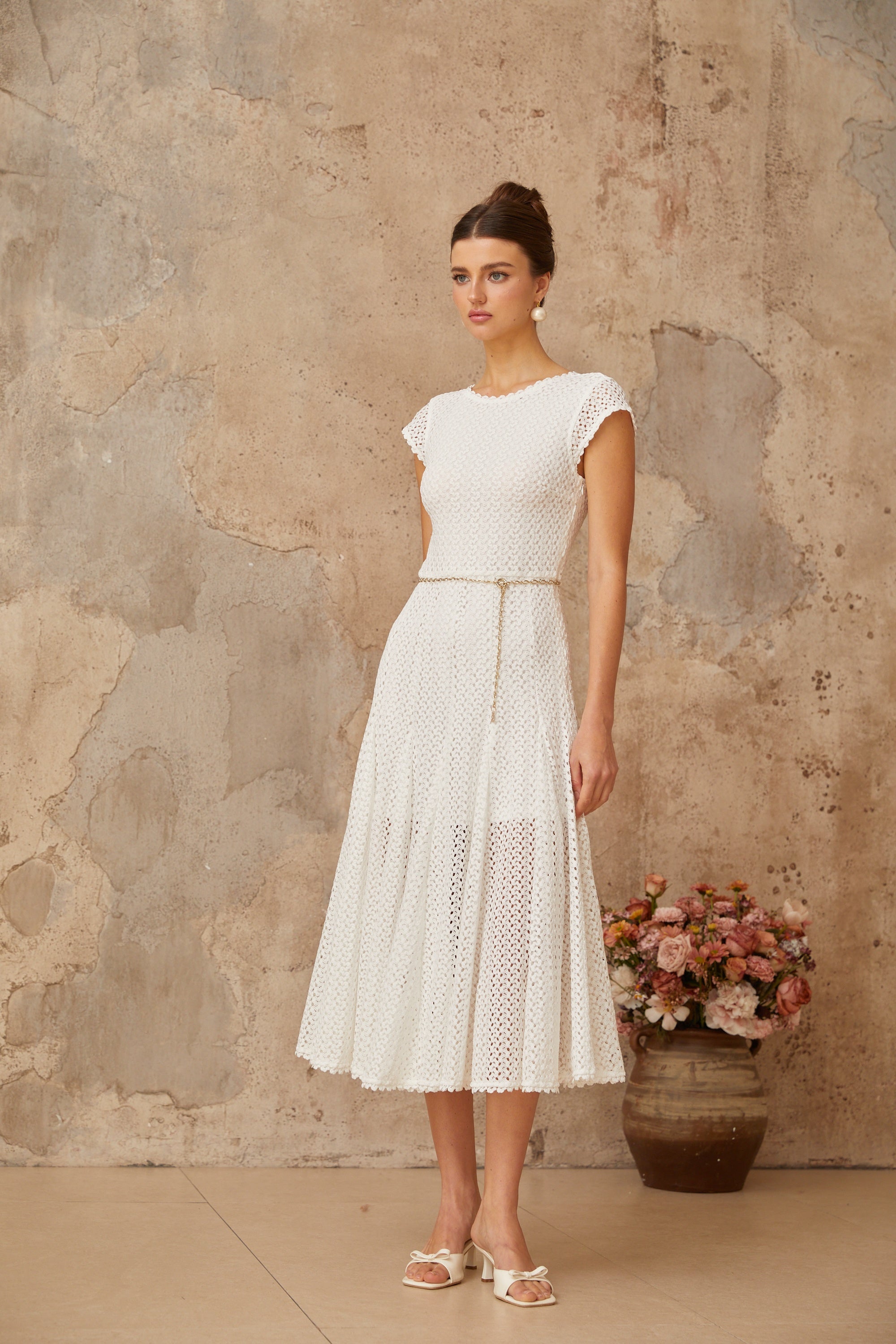 Giada white shirred crochet-knit midi dress