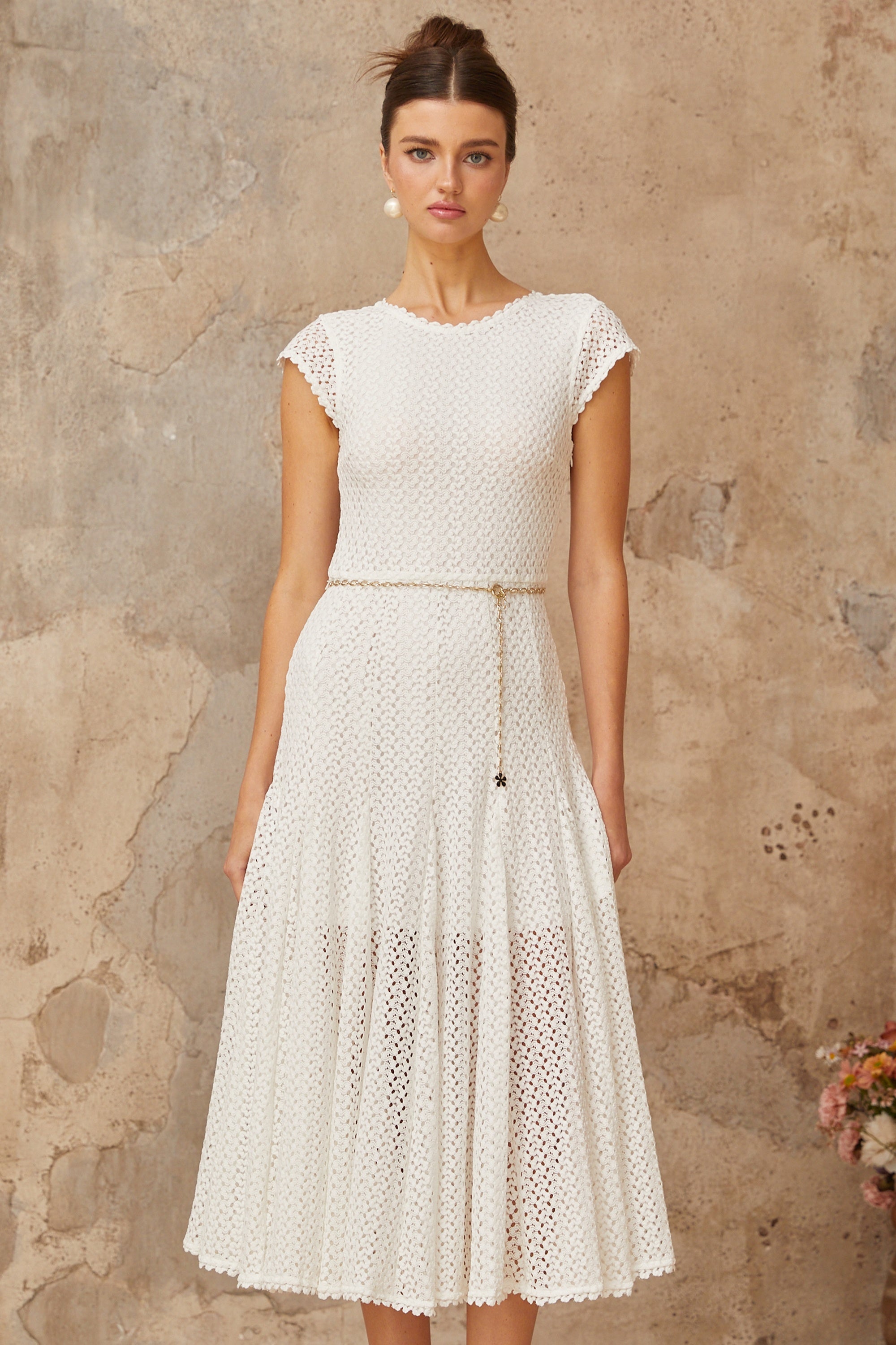 Giada white shirred crochet-knit midi dress